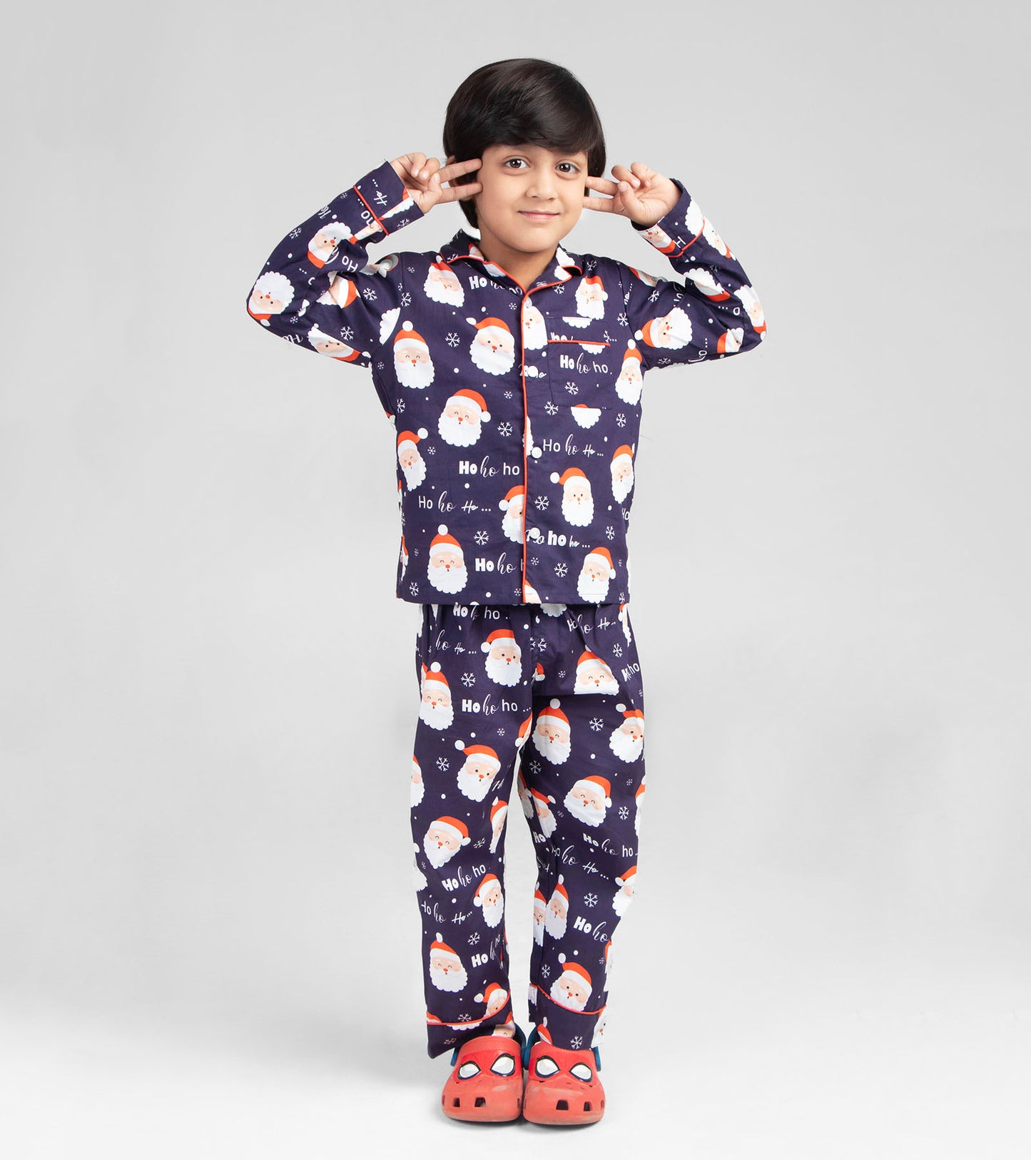 Navy Santa Face Christmas Printed Nightsuit Set