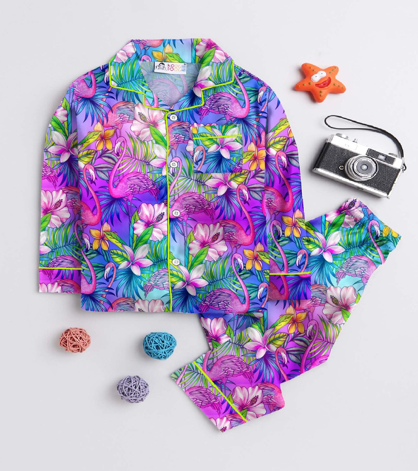 Neon Flemingo Printed Girls Pure Cotton Nightsuit Set