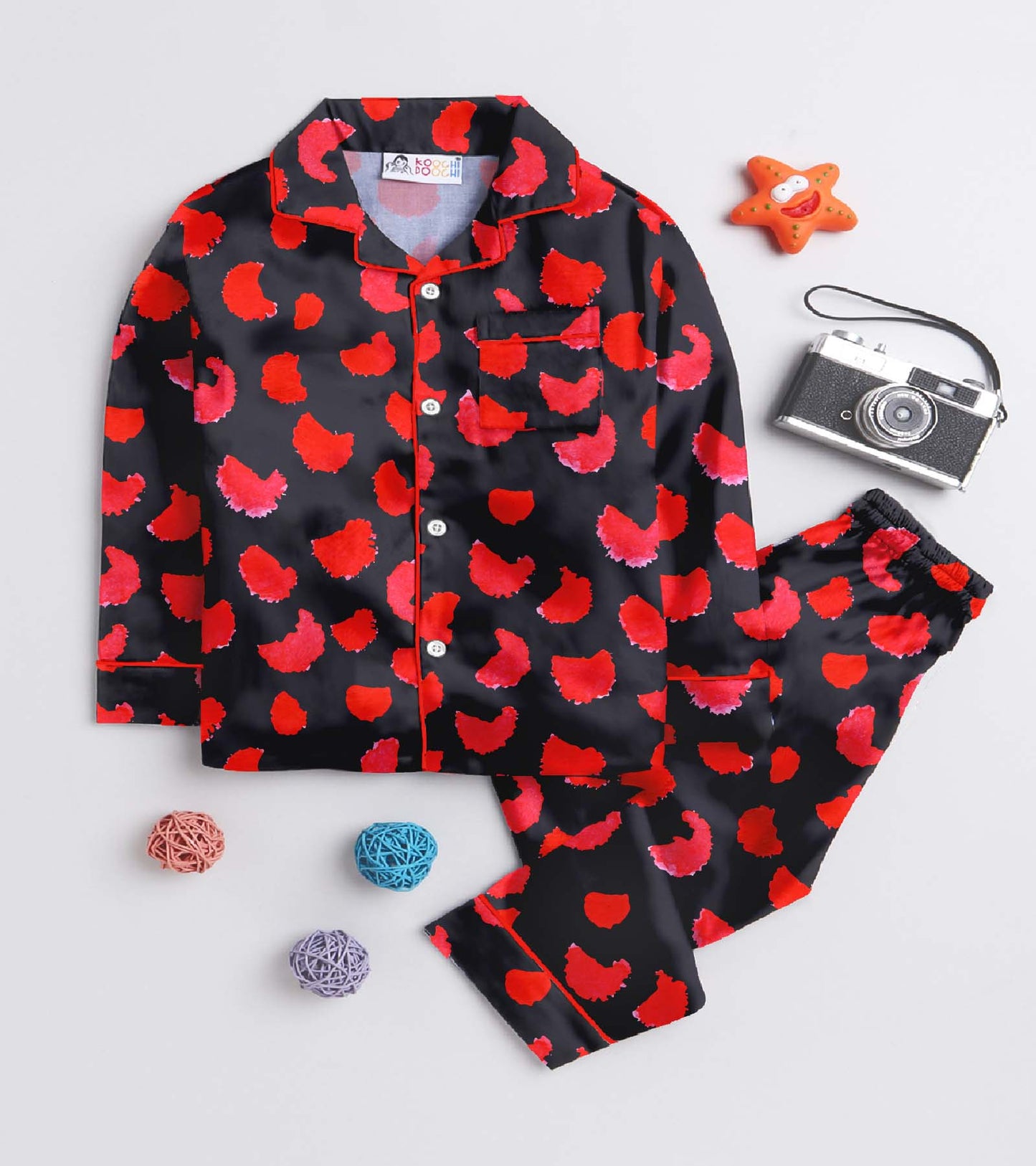 Night Red Printed Girls Pure Cotton Nightsuit Set