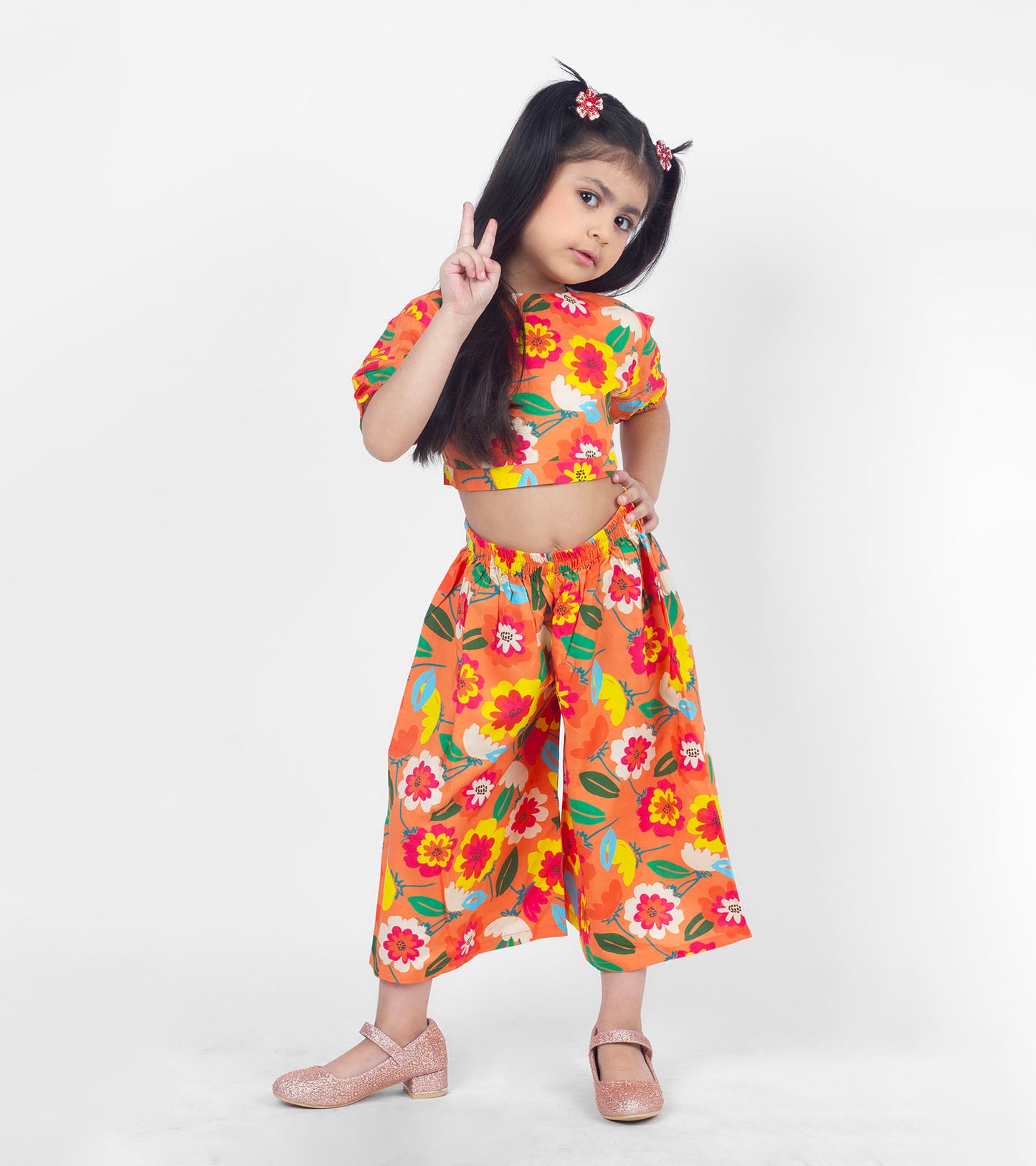 Orange Floral Printed Co ord Sets For Girls