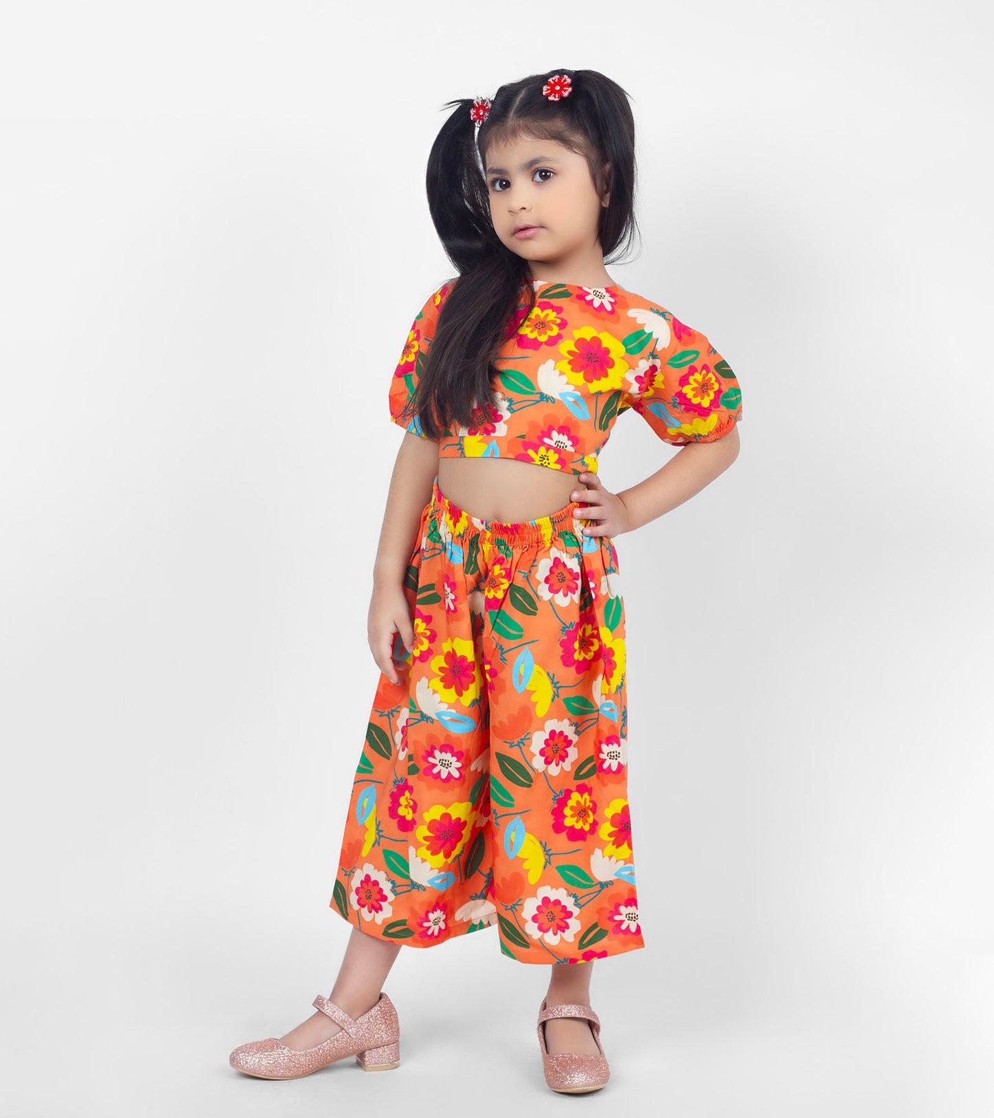 Orange Floral Printed Co ord Sets For Girls