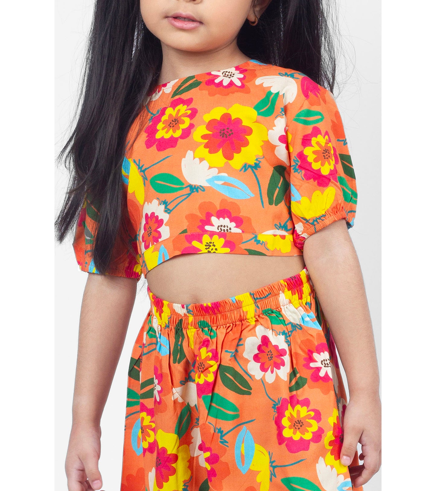 Orange Floral Printed Co ord Sets For Girls