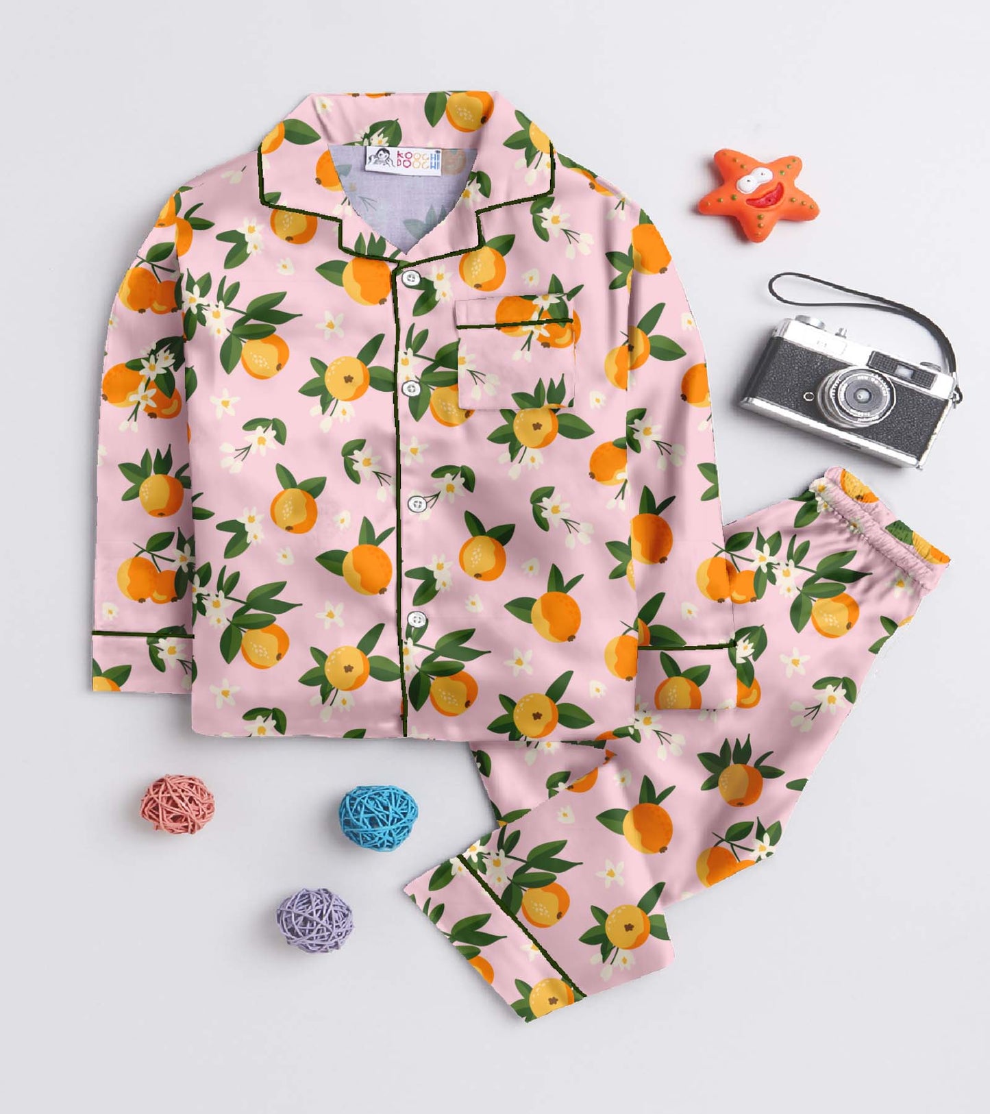 Orange Printed Girls Pure Cotton Nightsuit Set