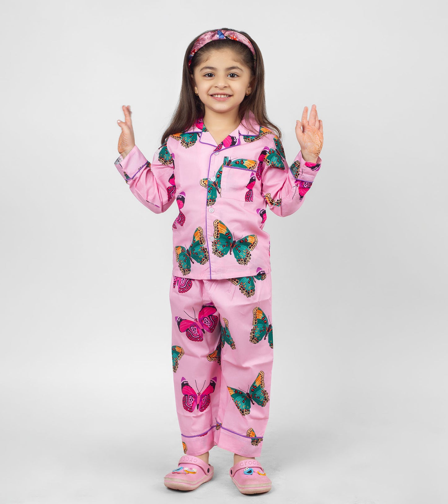 Pink Butterfly Printed Girls Nightsuit Set