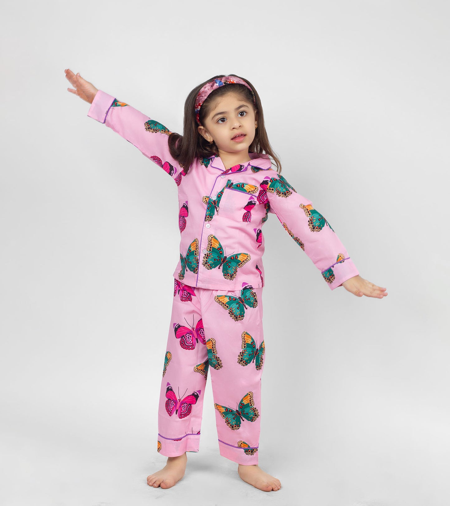 Pink Butterfly Printed Girls Nightsuit Set