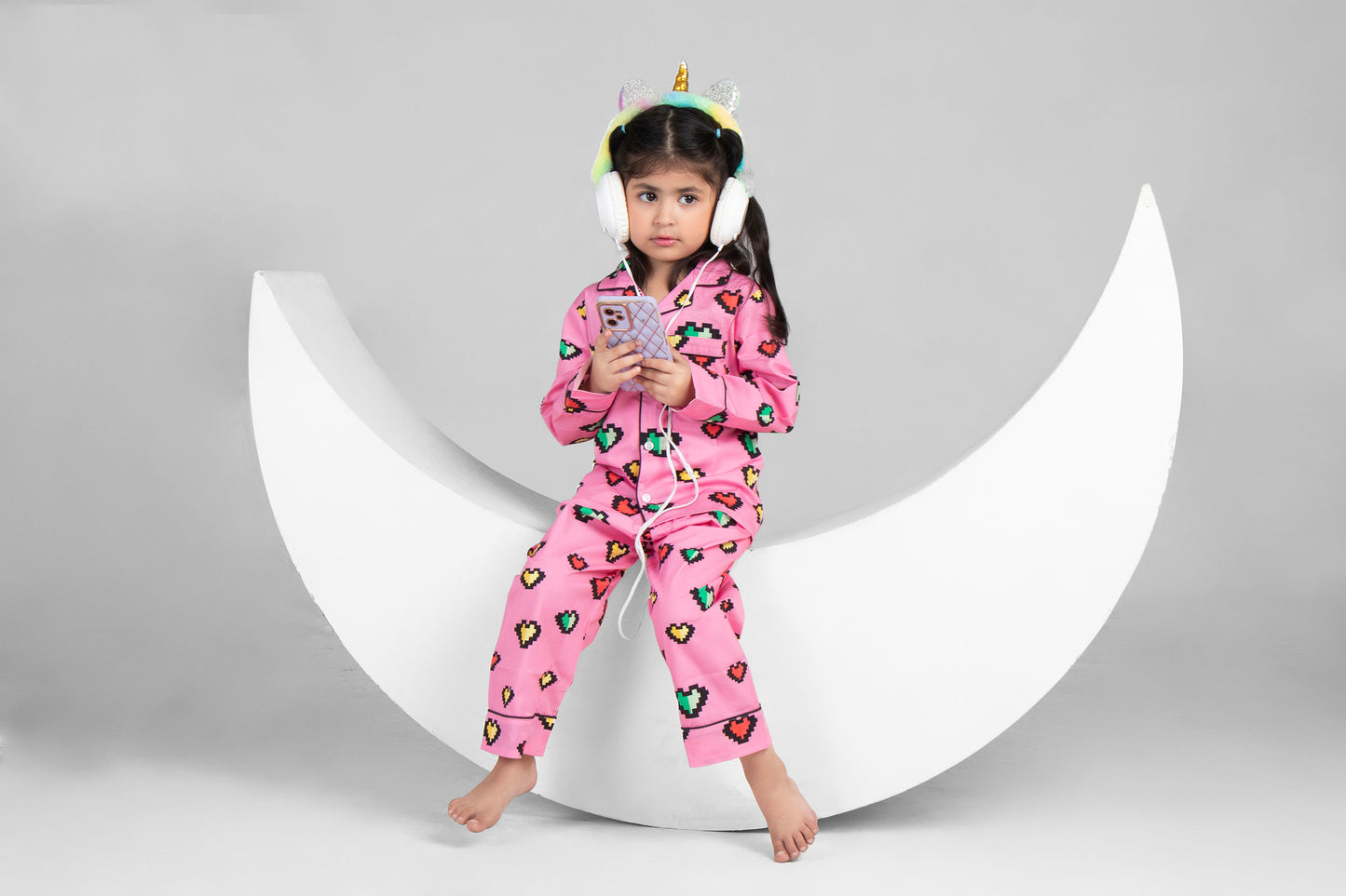 Pink Heart Printed Girls Nightsuit Set