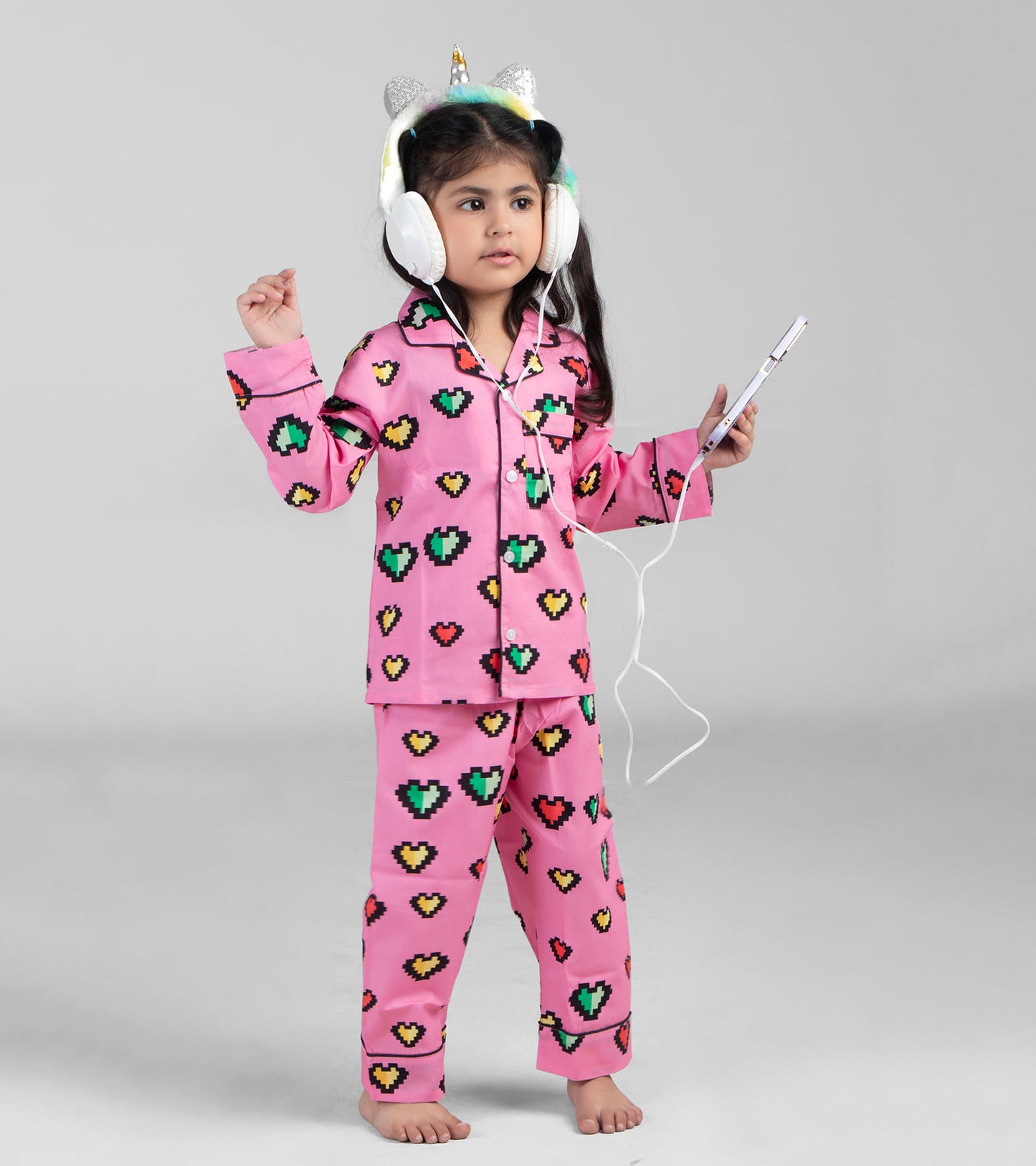 Pink Heart Printed Girls Nightsuit Set