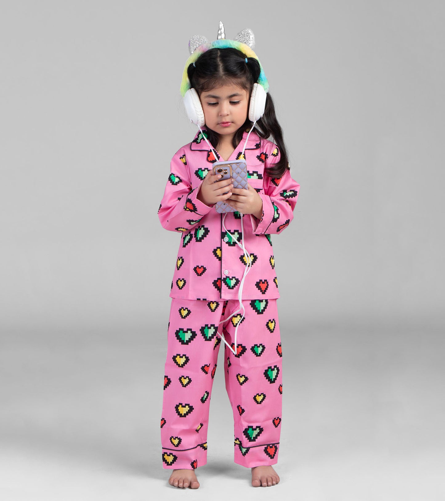 Pink Heart Printed Girls Nightsuit Set