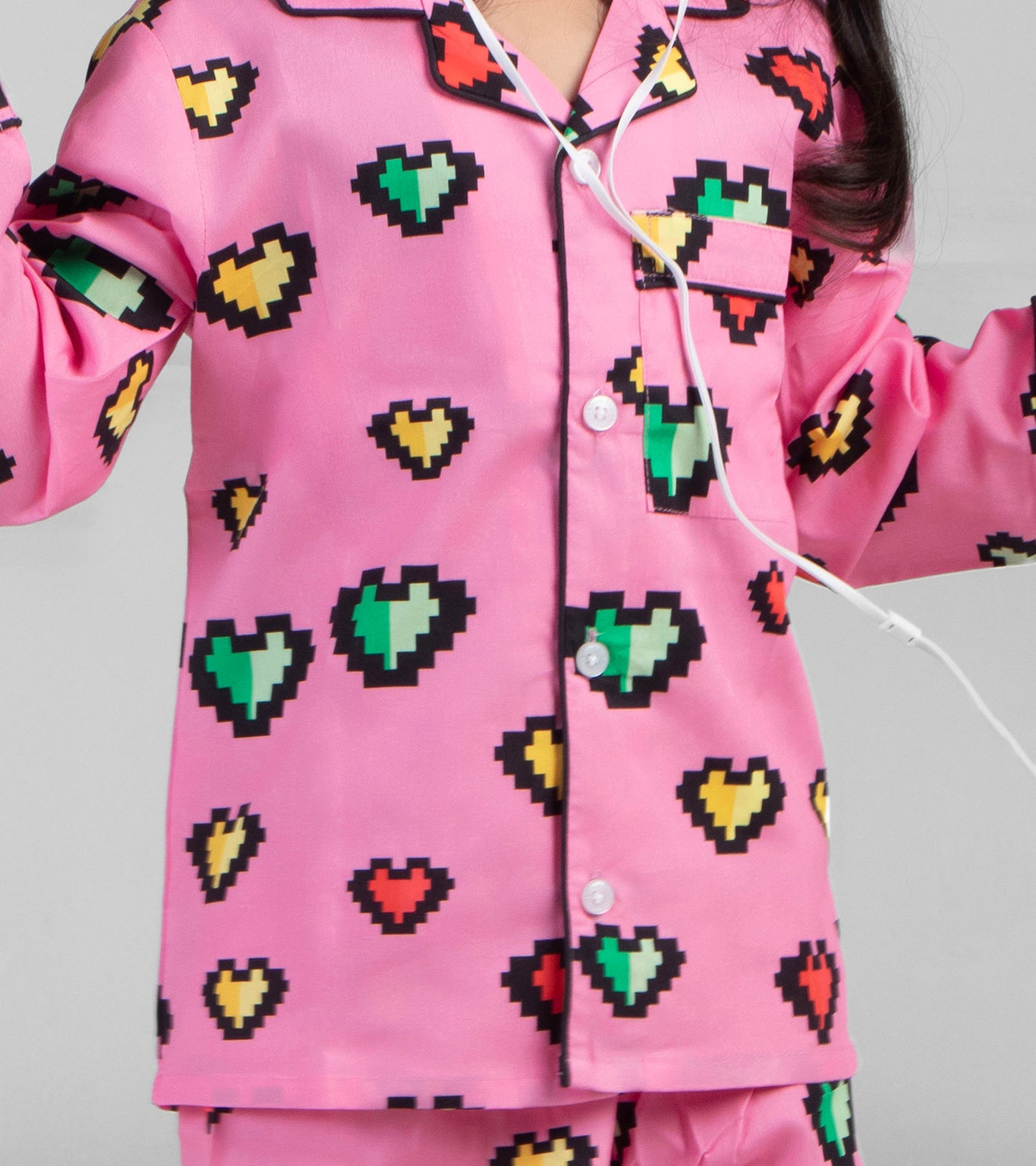 Pink Heart Printed Girls Nightsuit Set