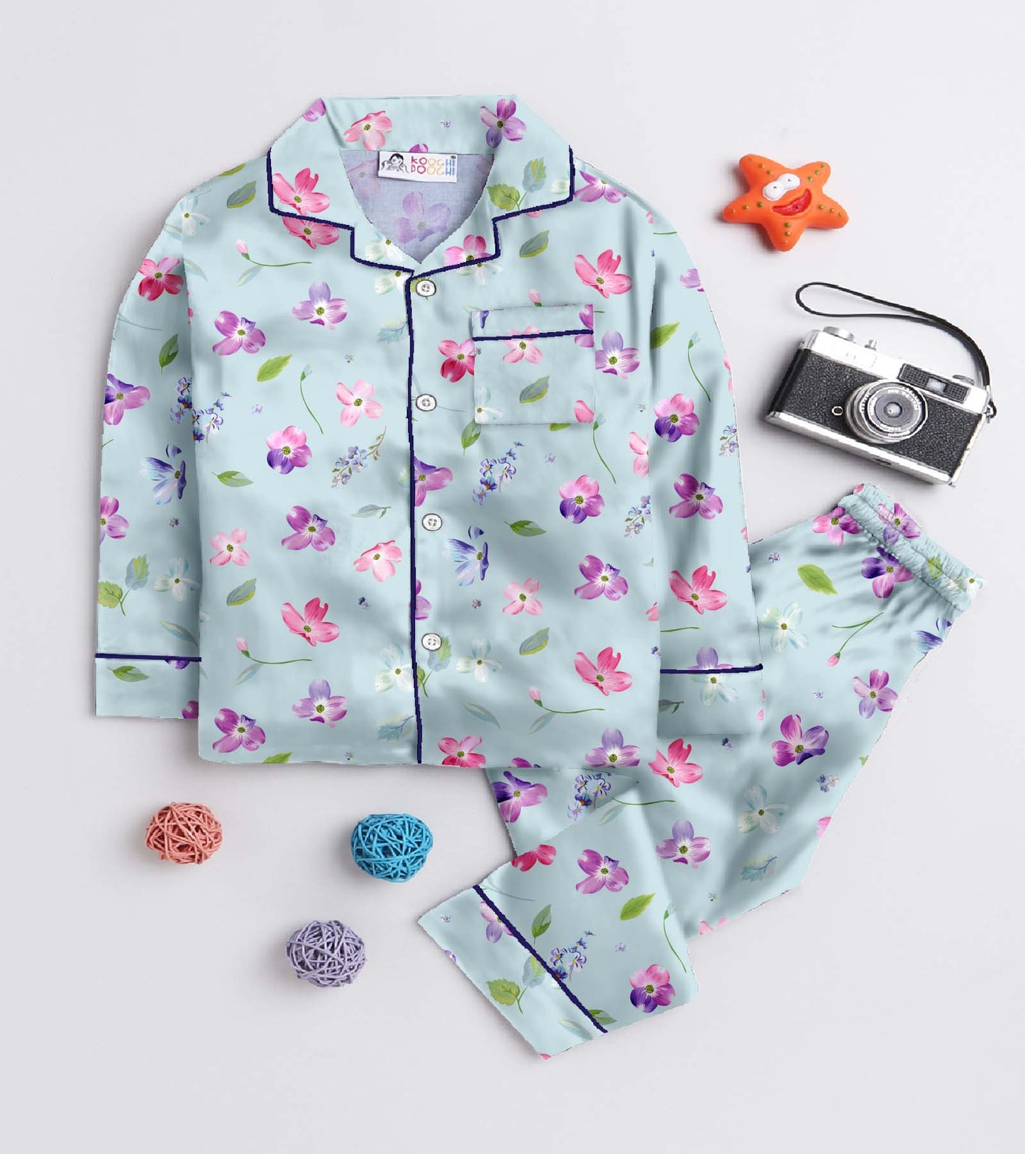 Pink Leaf Printed Girls Pure Cotton Nightsuit Set