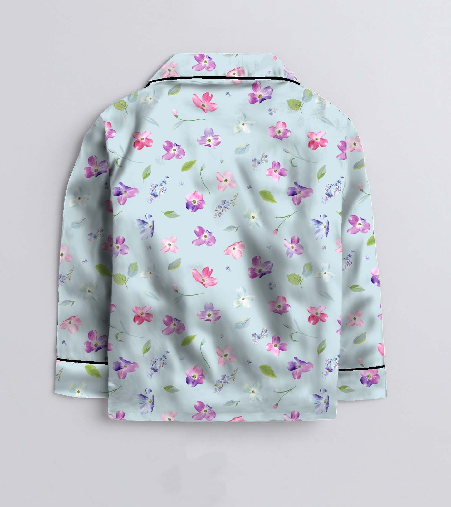 Pink Leaf Printed Girls Pure Cotton Nightsuit Set