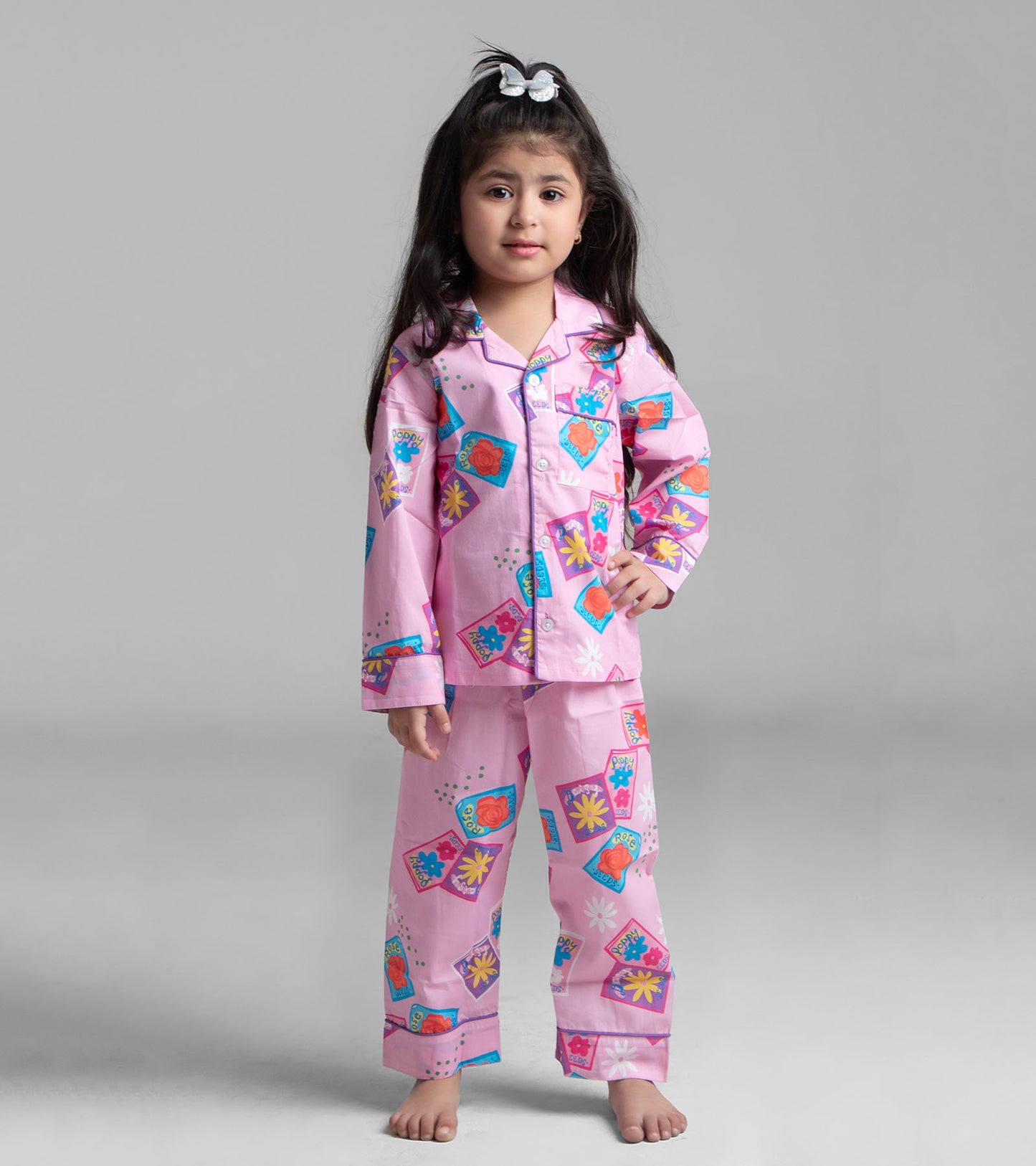 Pink Postcard Printed Girls Nightsuit Set