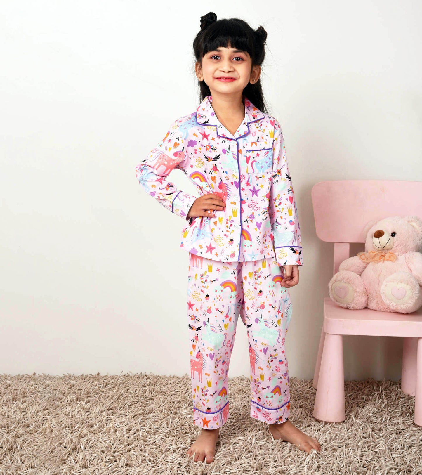 Pink Unicorn Printed Girls Nightsuit Set