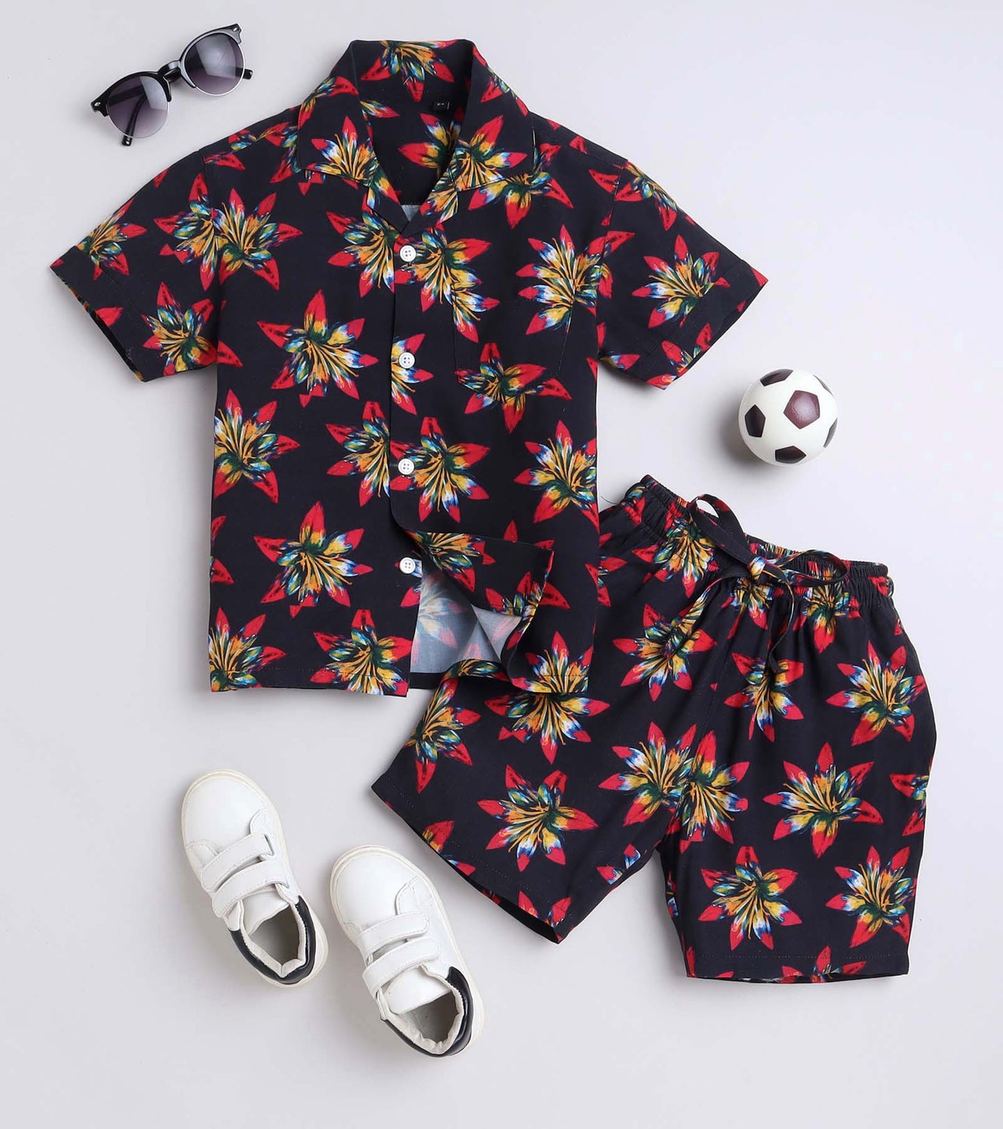 Red Big Flower Printed Boys Co Ord Set