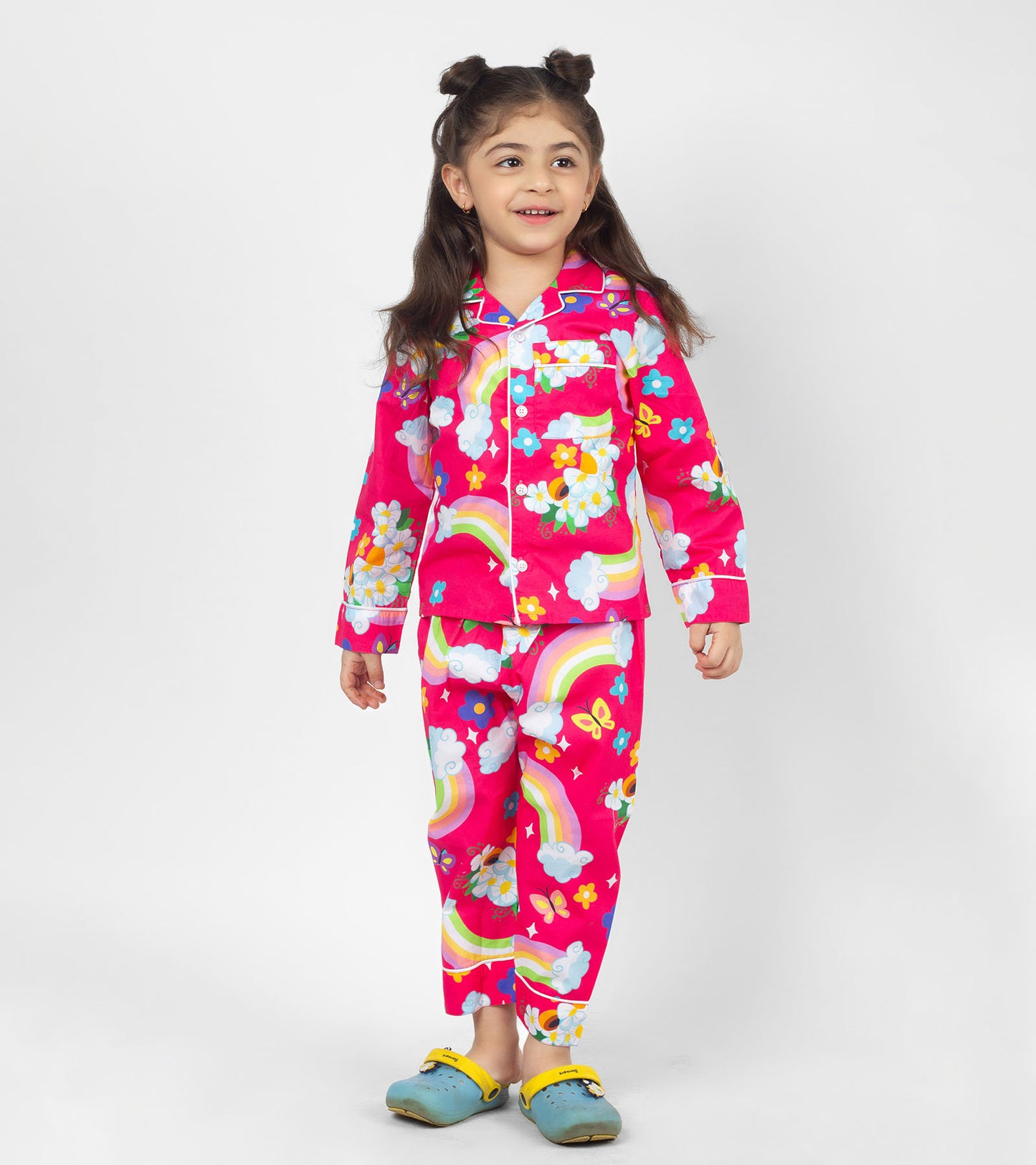 Red Ground Rainbow Printed Girls Nightsuit Set