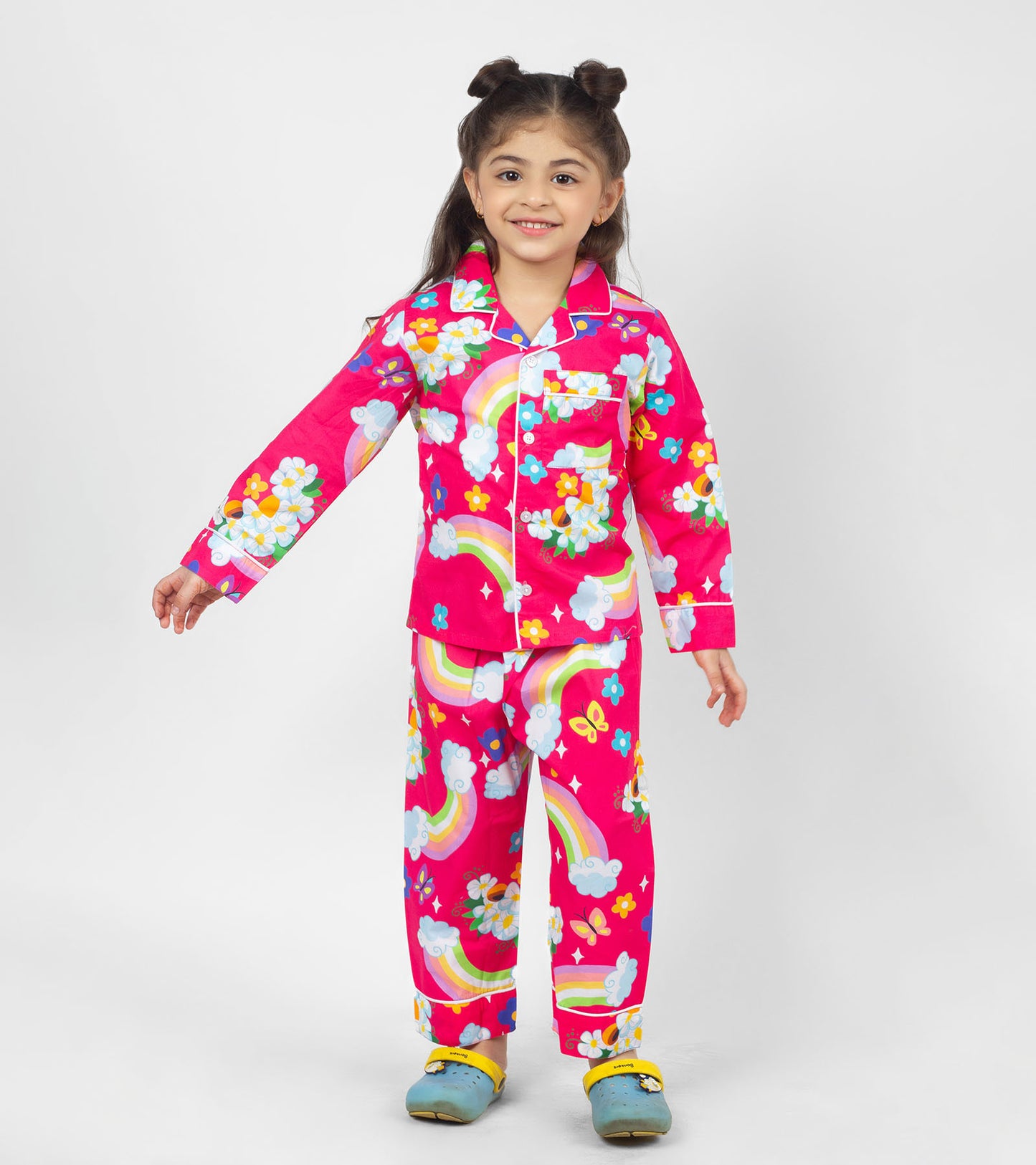 Red Ground Rainbow Printed Girls Nightsuit Set