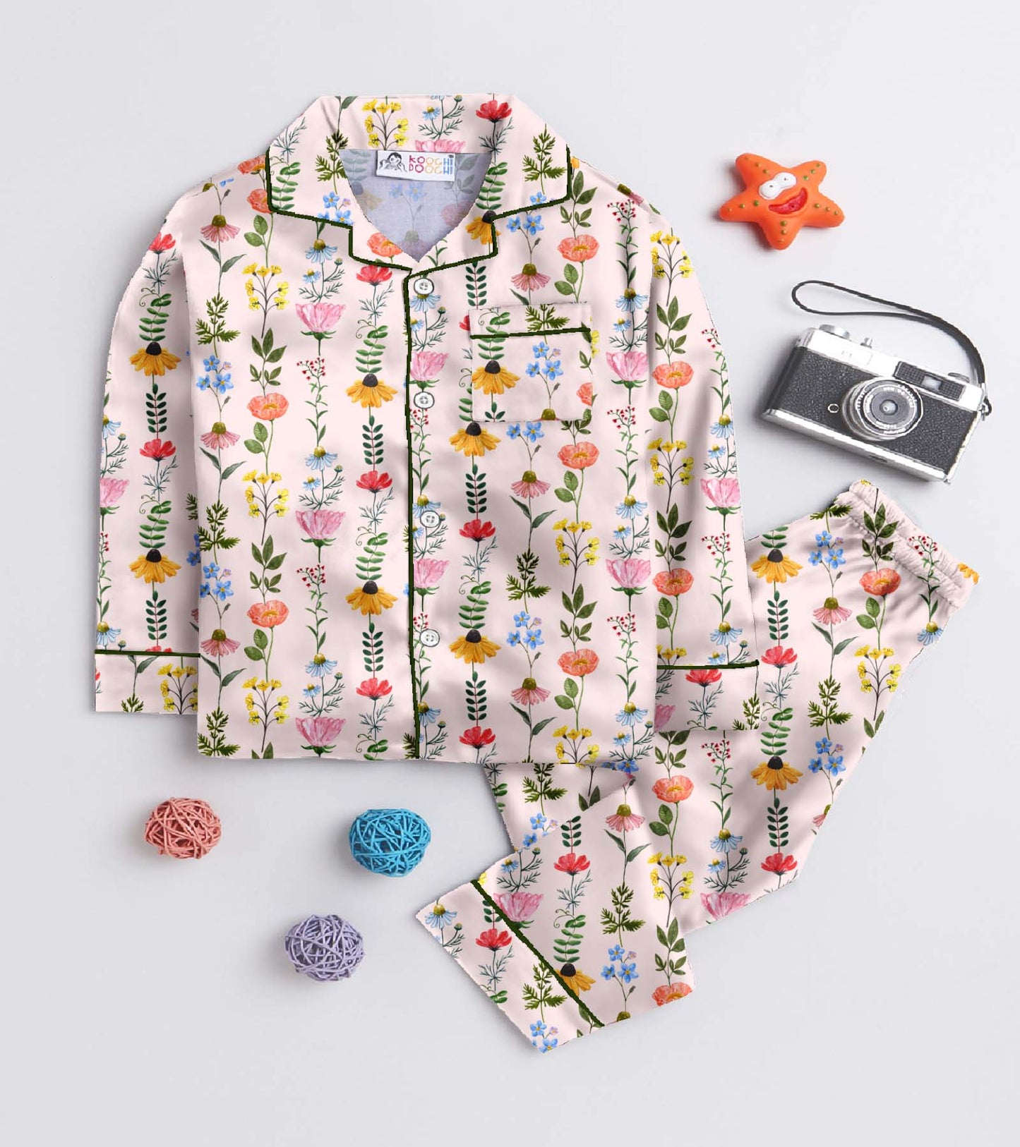 Stripe Floral Printed Girls Pure Cotton Nightsuit Set