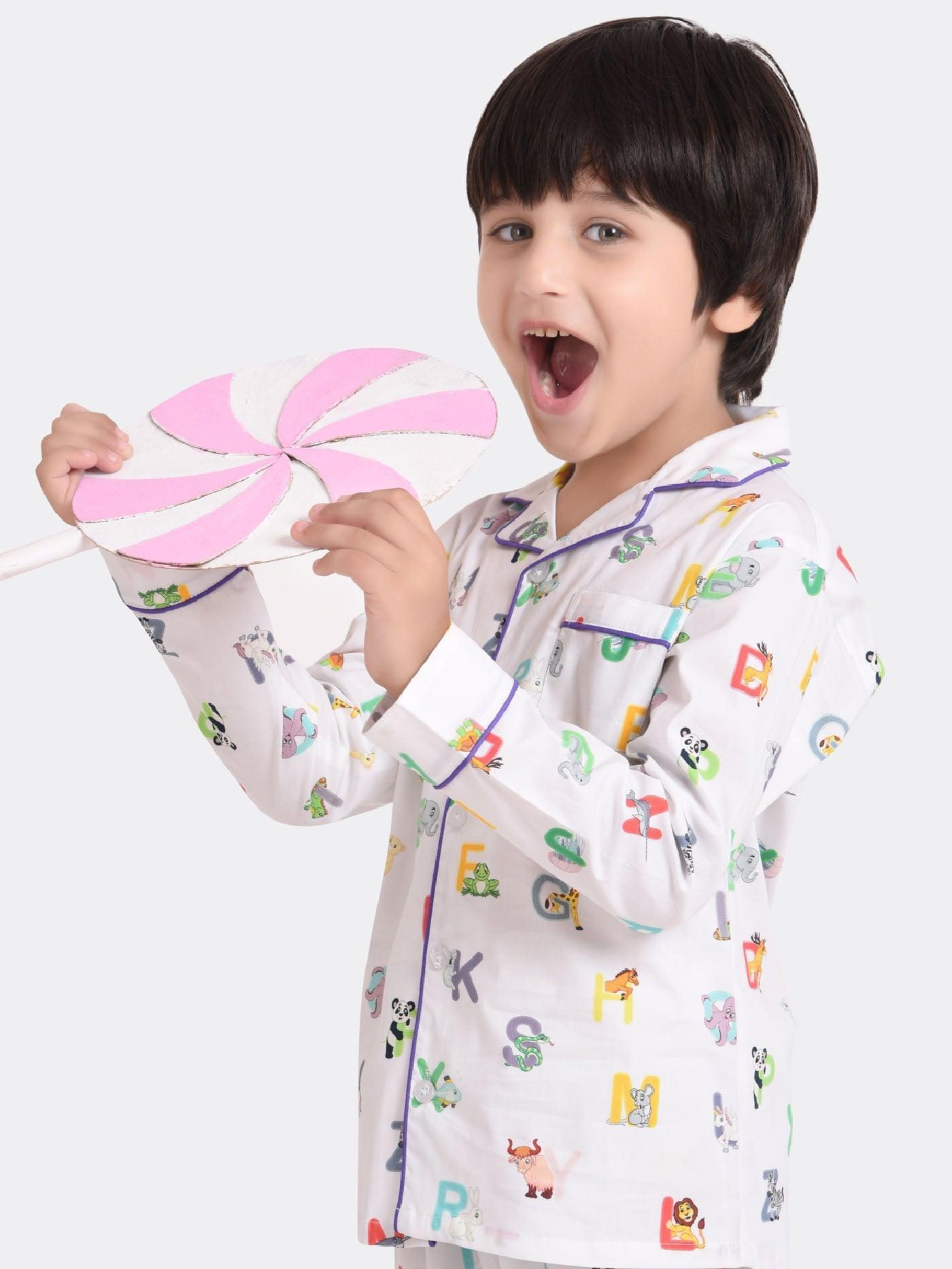 ABC White Printed Boys Nightsuit Set
