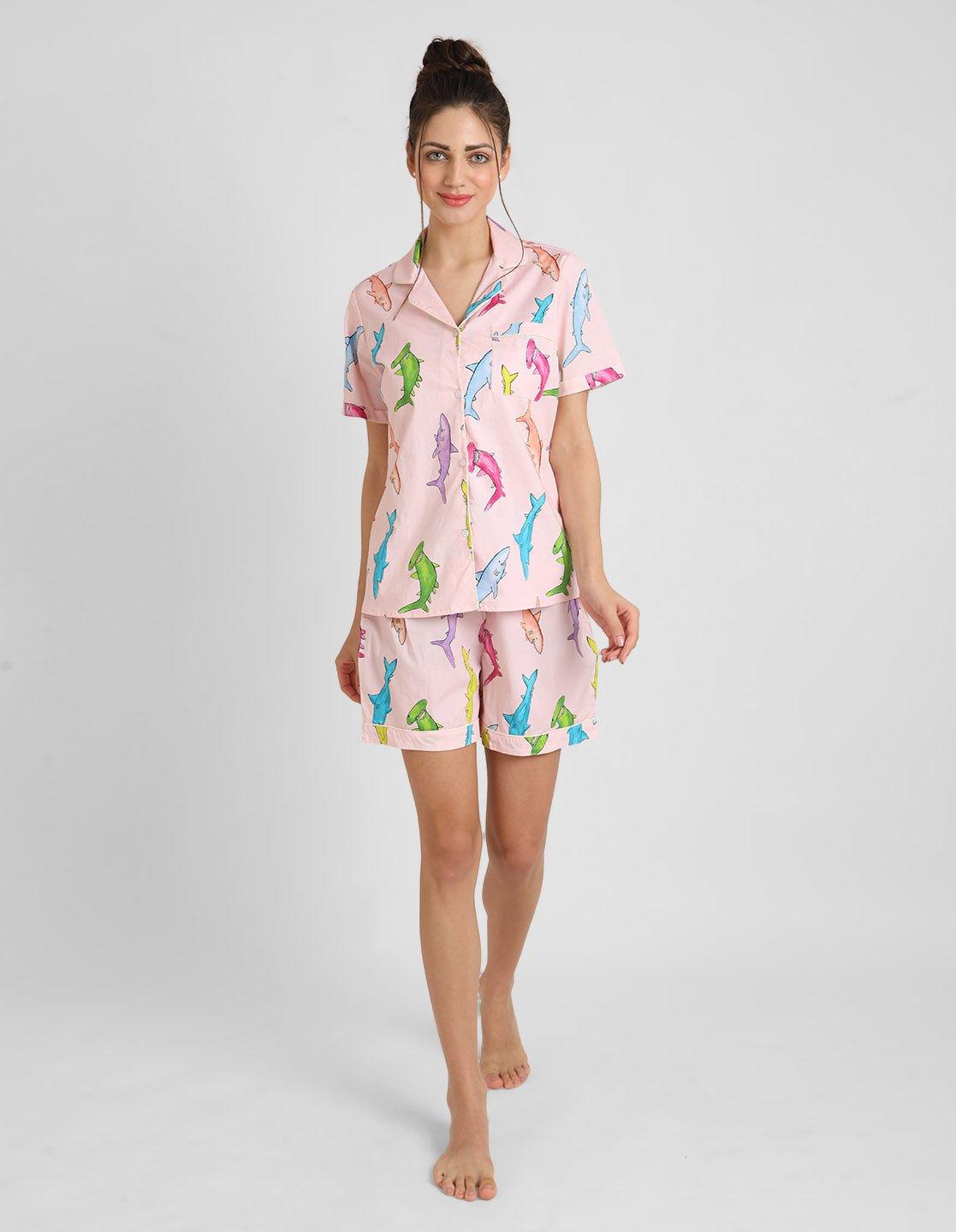 Handpainted Shark Printed Nightsuit Set for Women