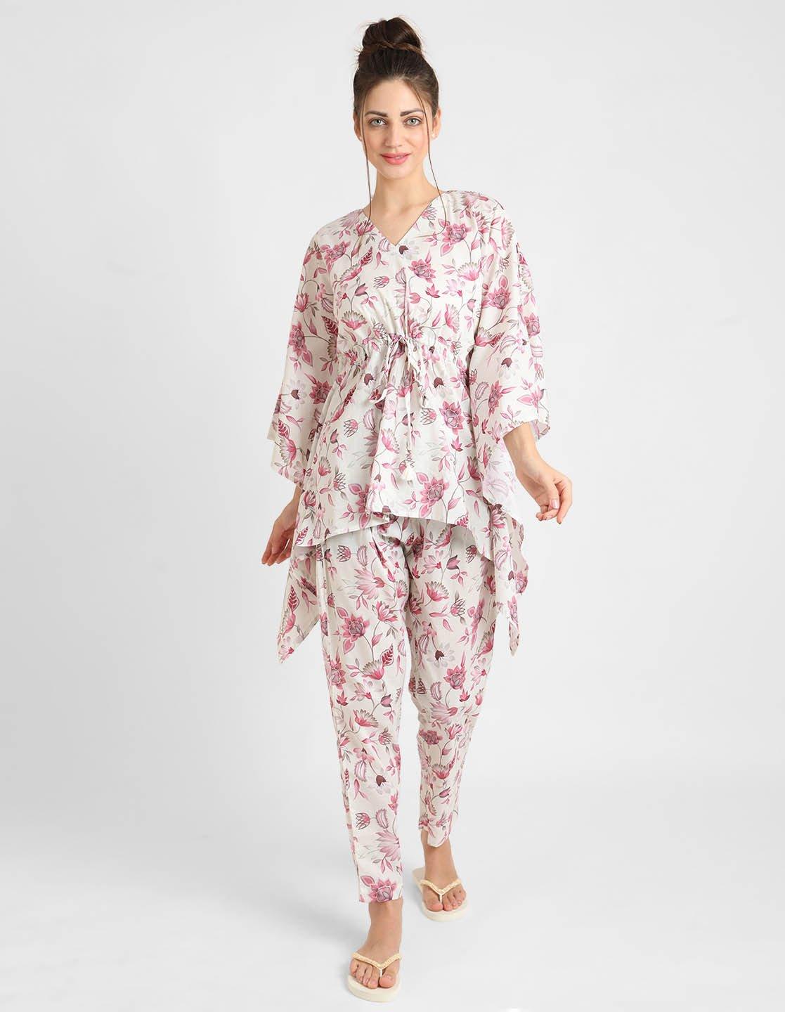 Rosy Pink Floral Print Kaftan Pyjama Set