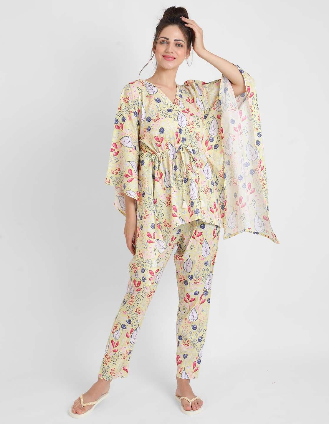 Yellow Blooming Print Pajama Kaftan