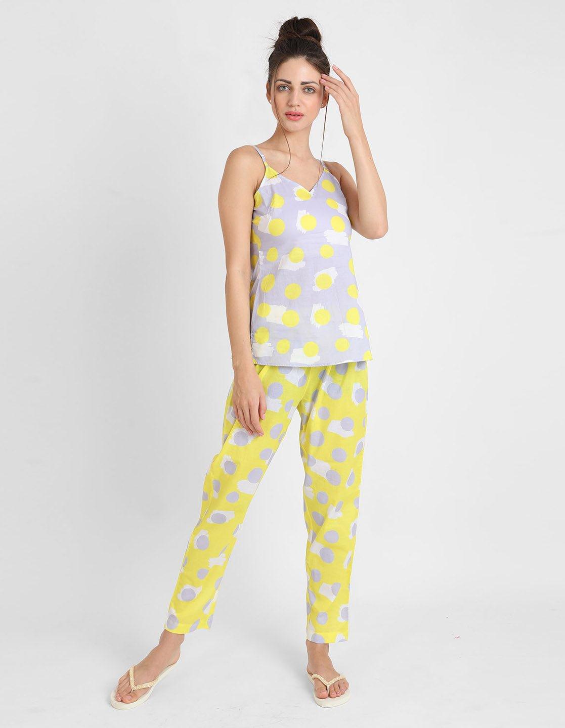 Yellow Polka Printed Singlet Pajama Set for Women