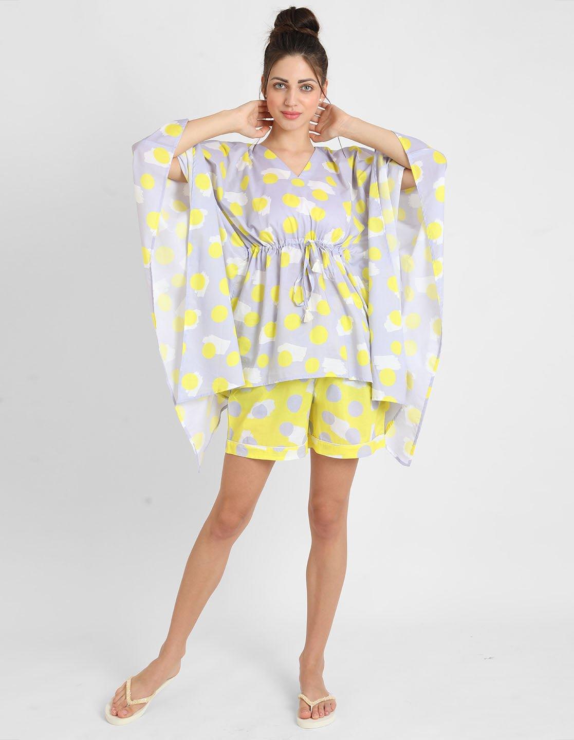 Yellow Polka Print Kaftan Shorts Set