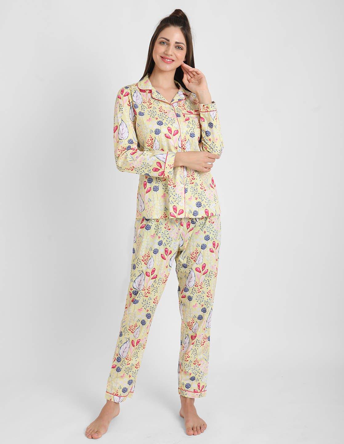 Lemony Floral Printed Nightsuit Set for Women