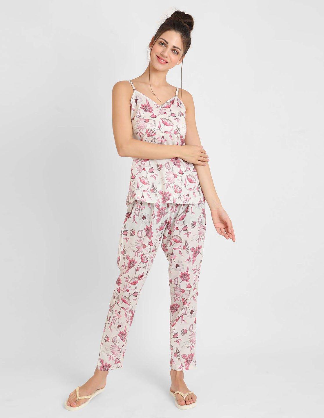 Rosy Pink Flower Printed Singlet Pyjama Set For Women