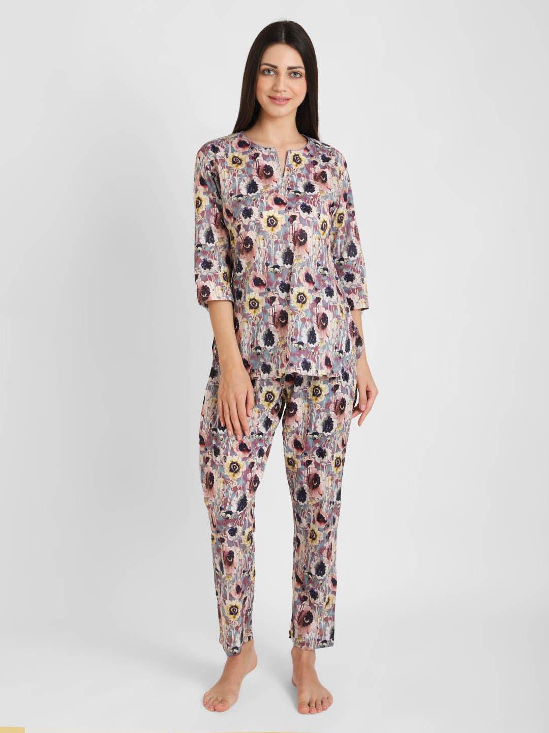 Mauve Floral Printed Nightsuit Set for Women