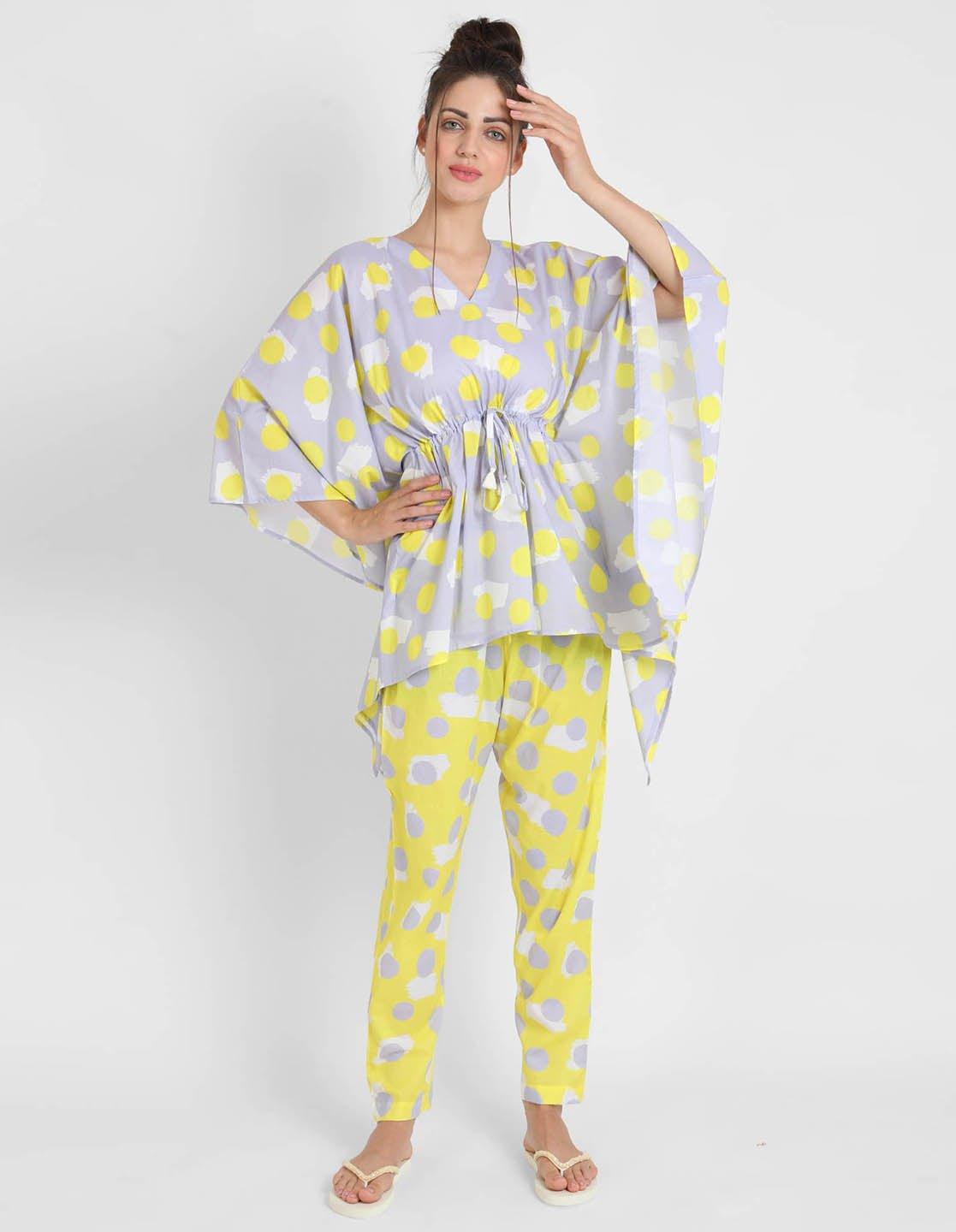 Yellow Polka Print Kaftan Pajama Set