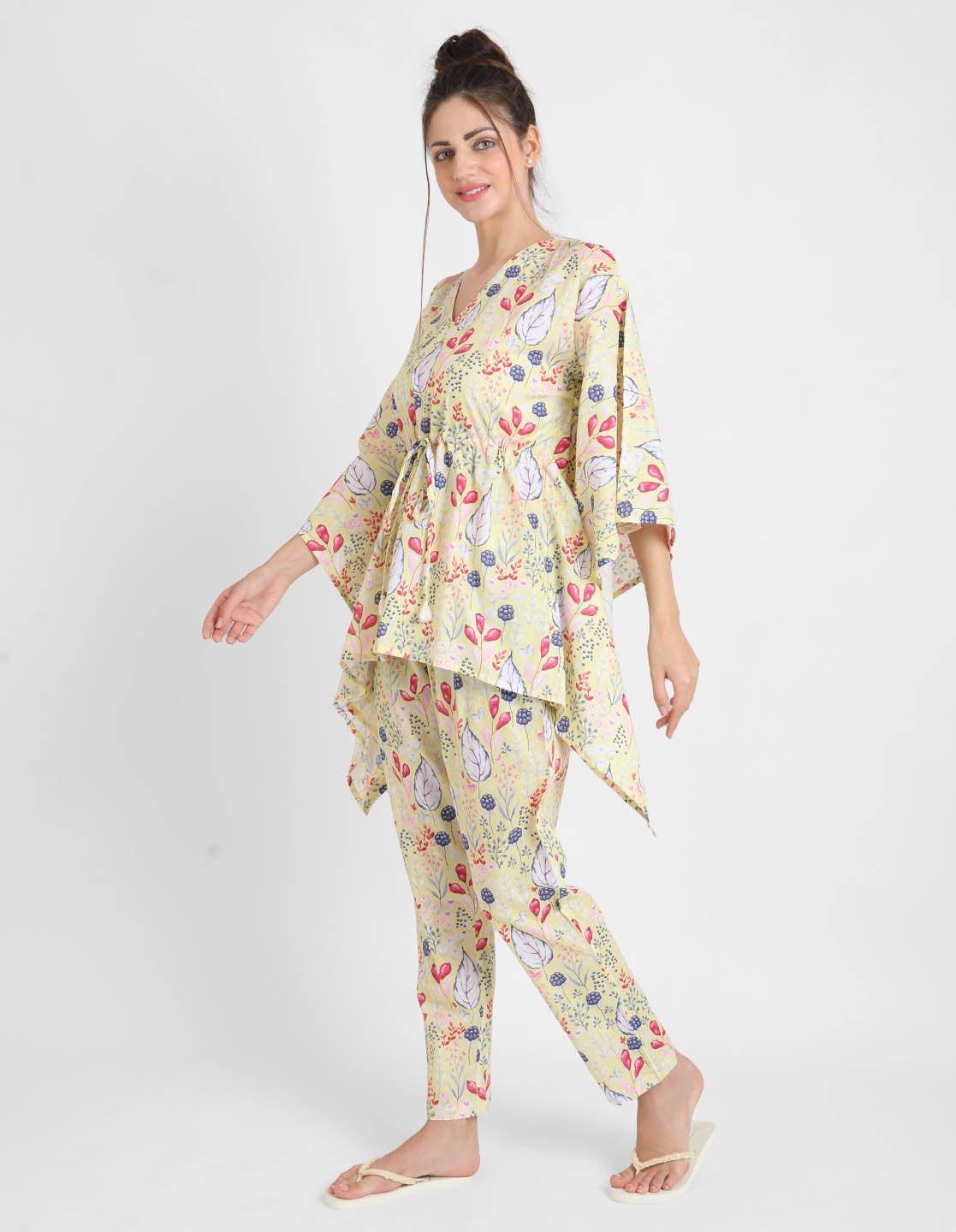 Yellow Blooming Print Pajama Kaftan