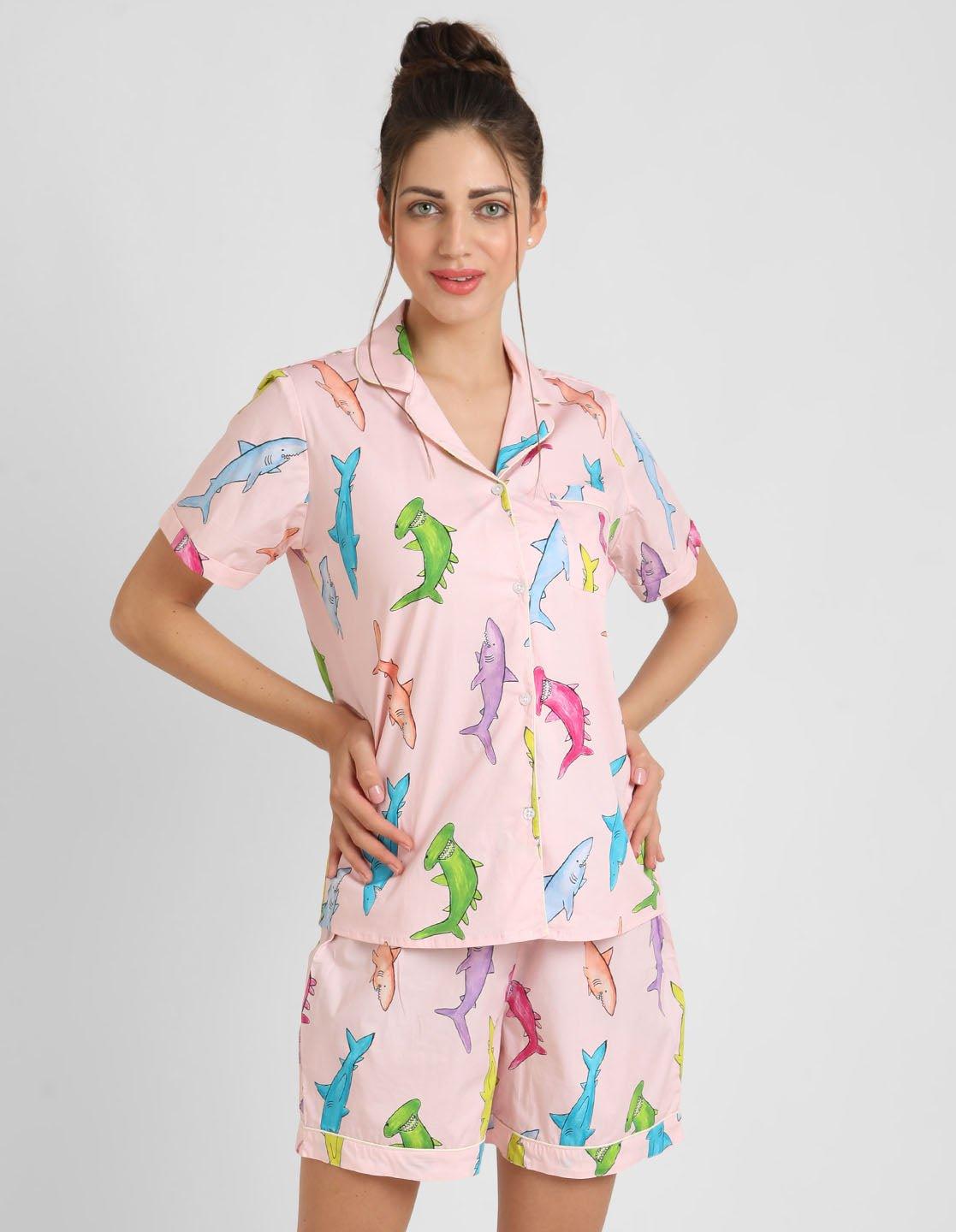 Handpainted Shark Printed Nightsuit Set for Women