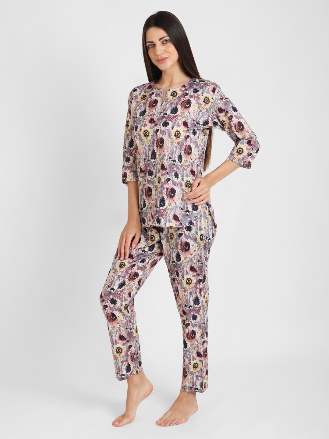 Mauve Floral Printed Nightsuit Set for Women