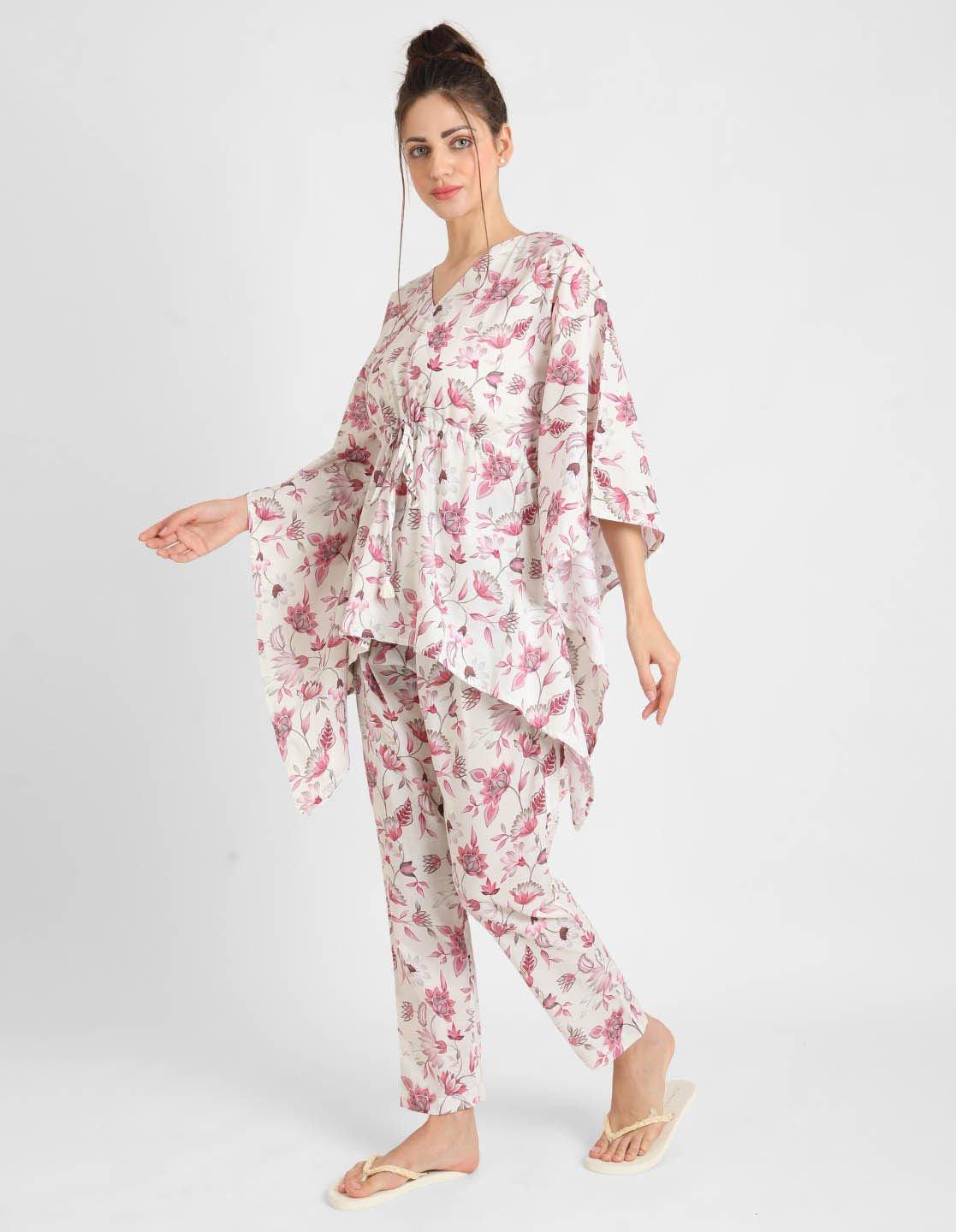 Rosy Pink Floral Print Kaftan Pyjama Set