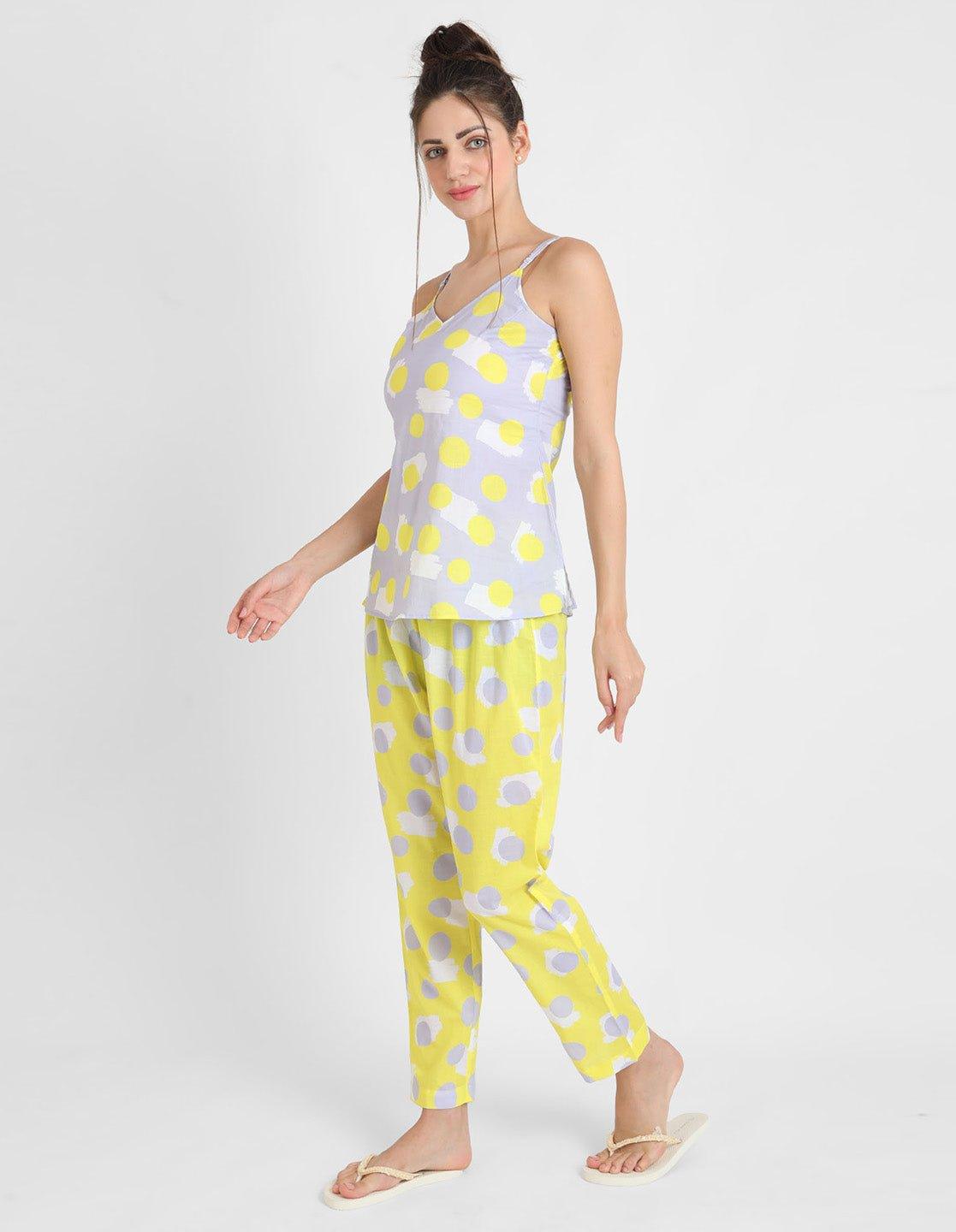 Yellow Polka Printed Singlet Pajama Set for Women