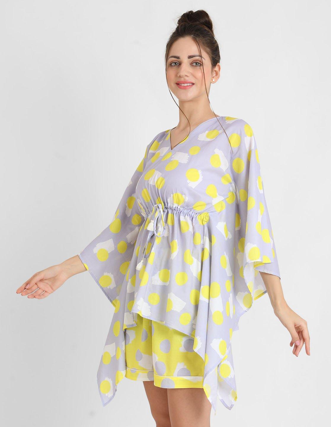 Yellow Polka Print Kaftan Shorts Set