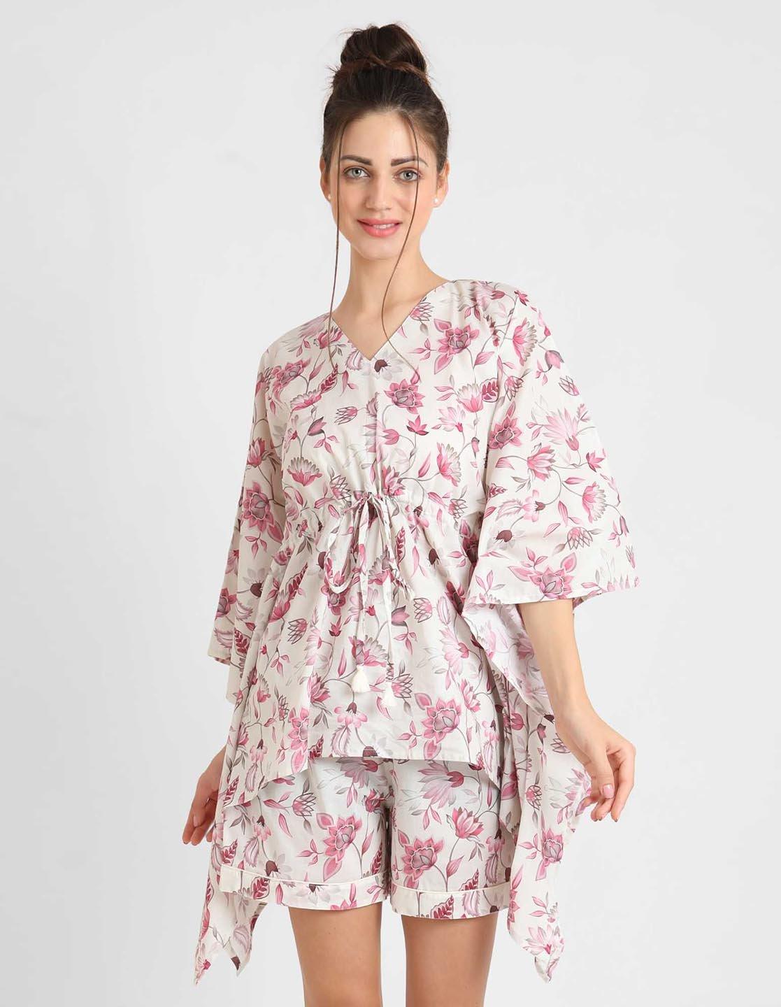 Rosy Pink Floral Print Kaftan Shorts Set