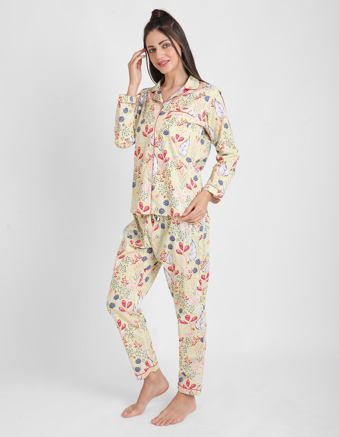 Lemony Floral Printed Nightsuit Set for Women