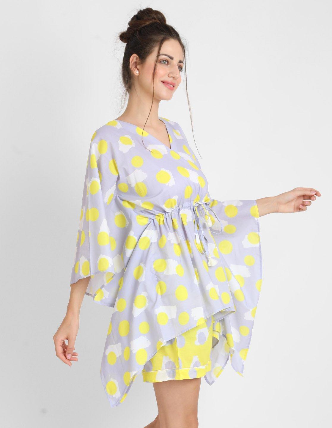 Yellow Polka Print Kaftan Shorts Set