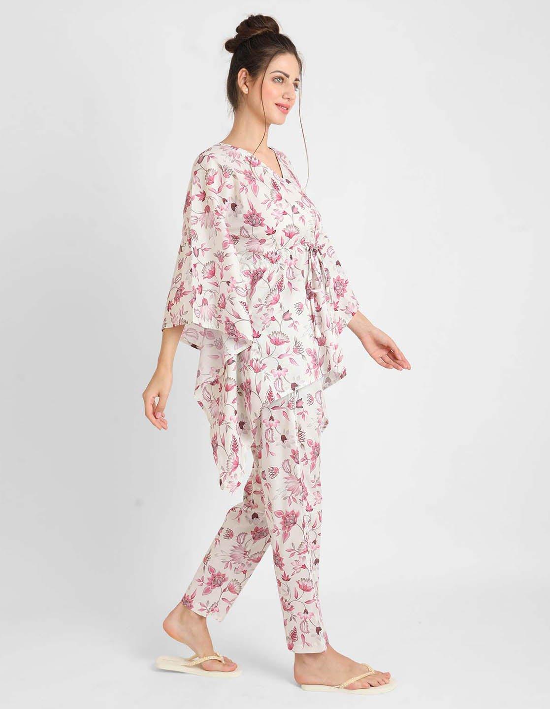 Rosy Pink Floral Print Kaftan Pyjama Set