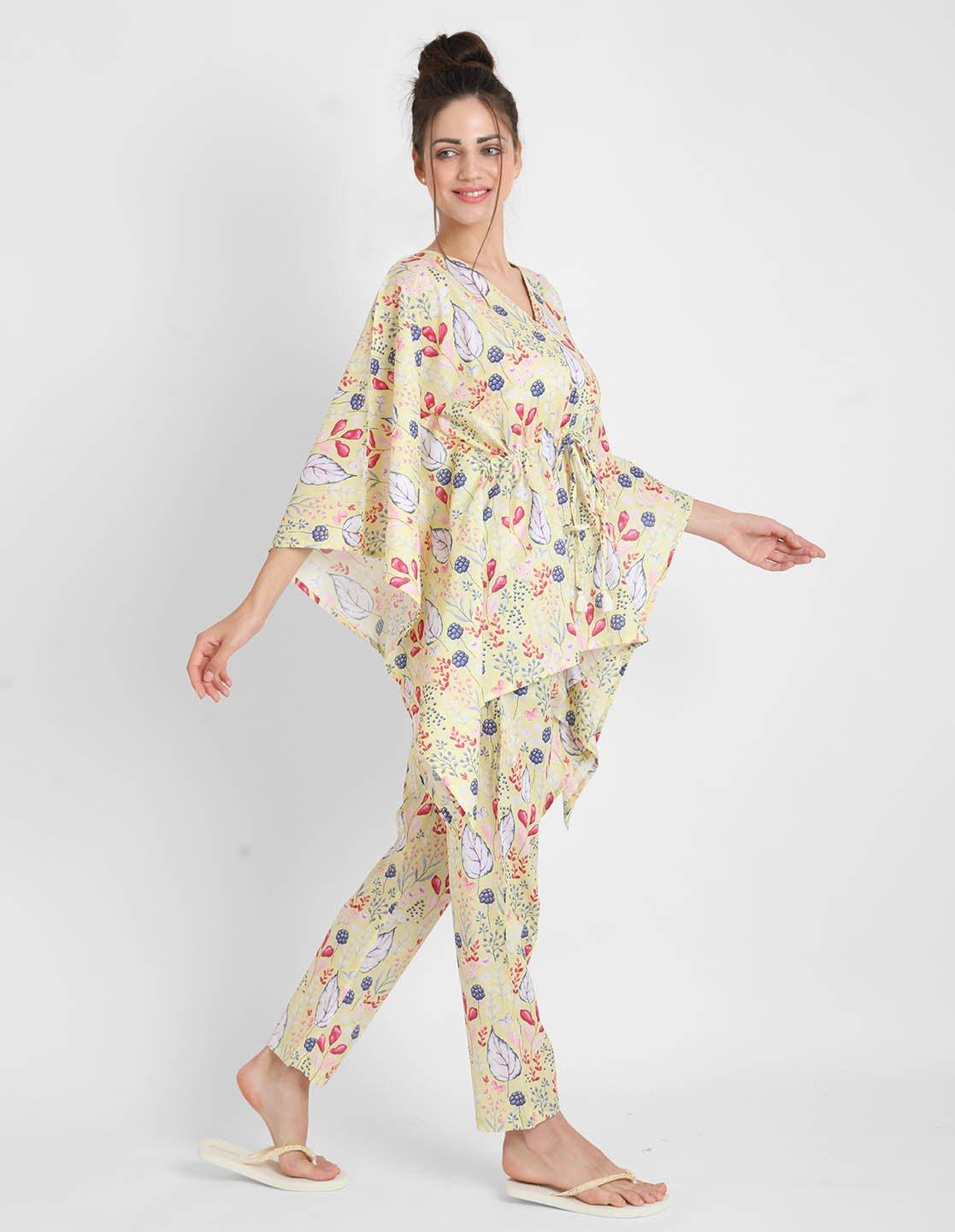 Yellow Blooming Print Pajama Kaftan