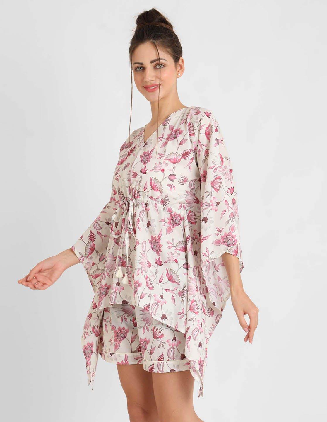 Rosy Pink Floral Print Kaftan Shorts Set