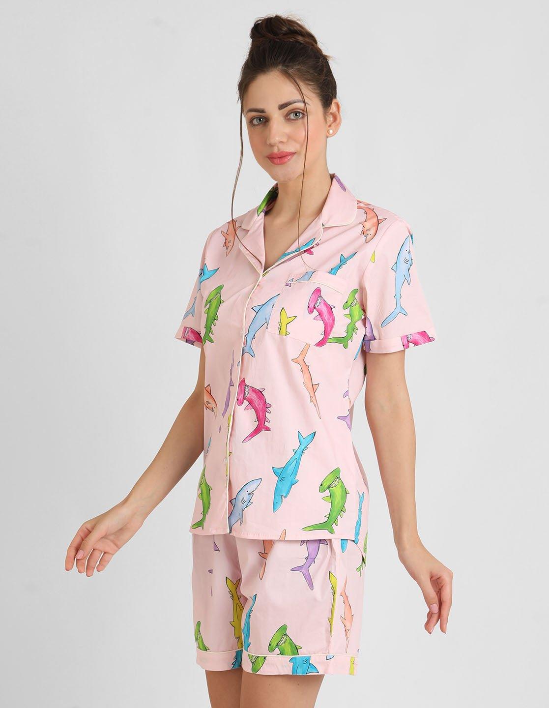 Handpainted Shark Printed Nightsuit Set for Women