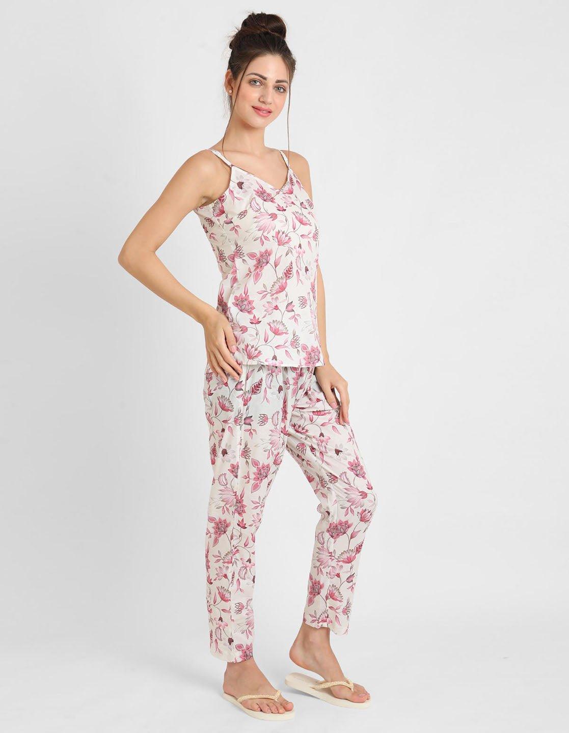 Rosy Pink Flower Printed Singlet Pyjama Set For Women