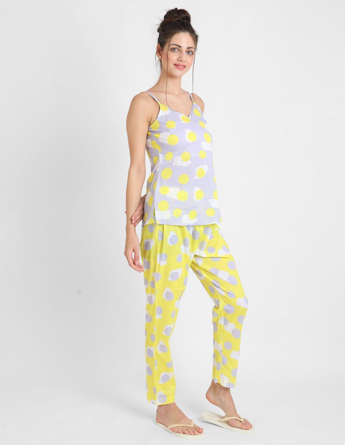 Yellow Polka Printed Singlet Pajama Set for Women