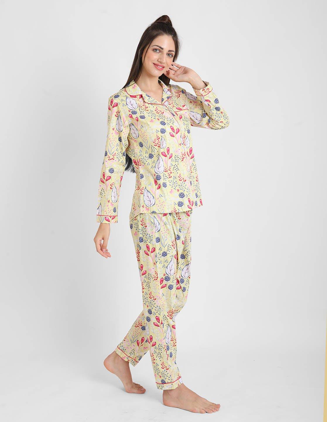 Lemony Floral Printed Nightsuit Set for Women