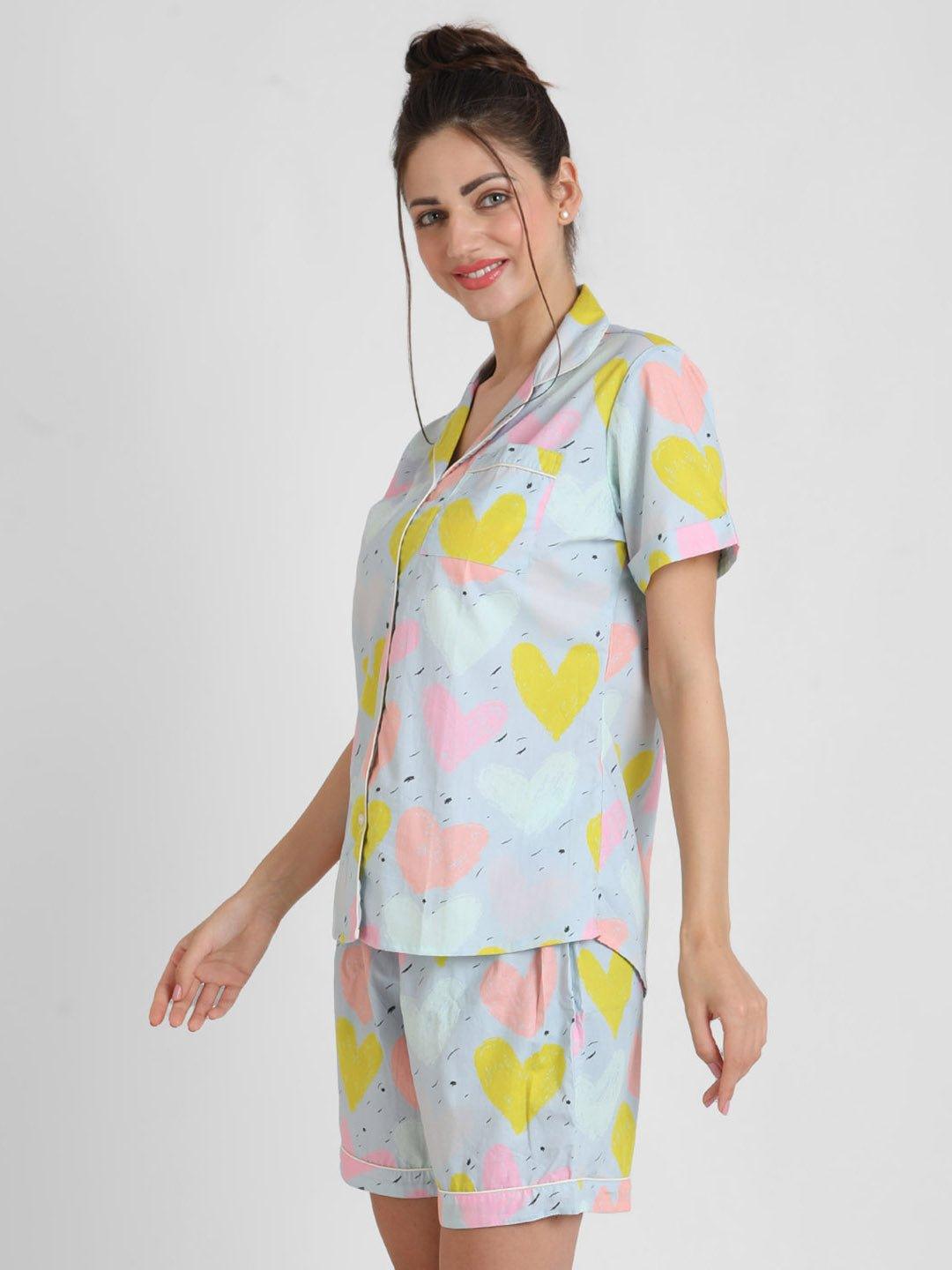 Grey Hearts Printed Nightsuit Set for Women