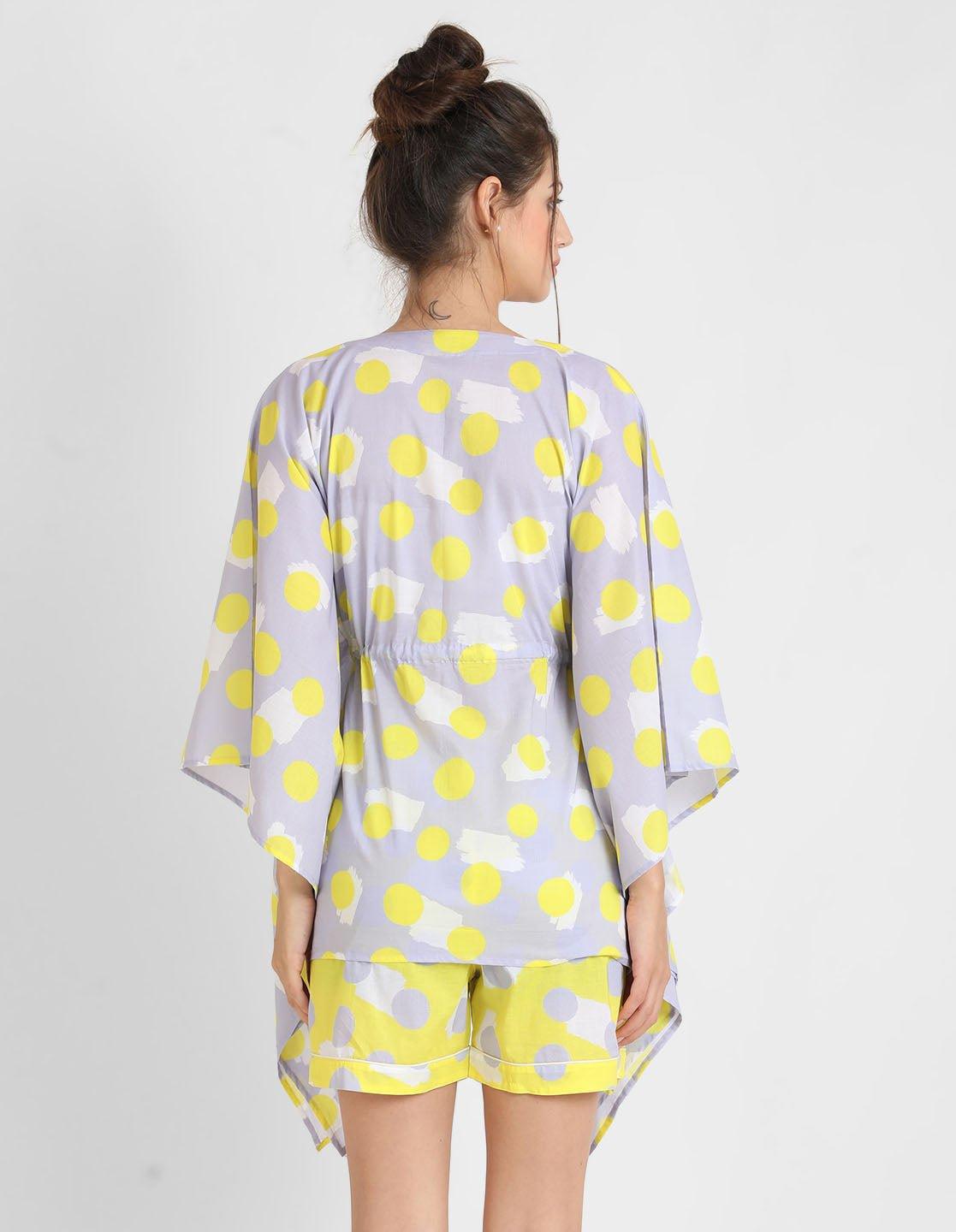 Yellow Polka Print Kaftan Shorts Set