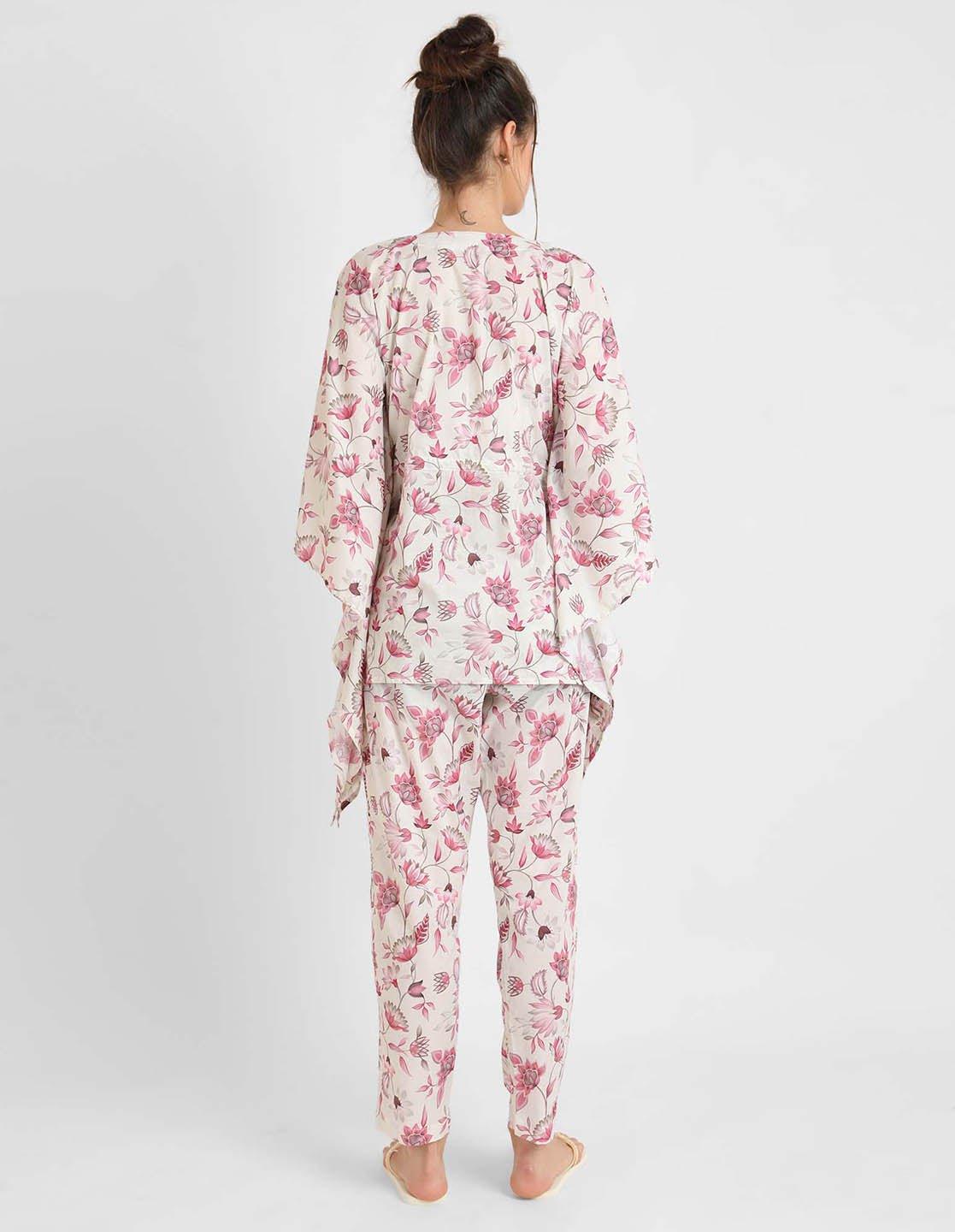 Rosy Pink Floral Print Kaftan Pyjama Set